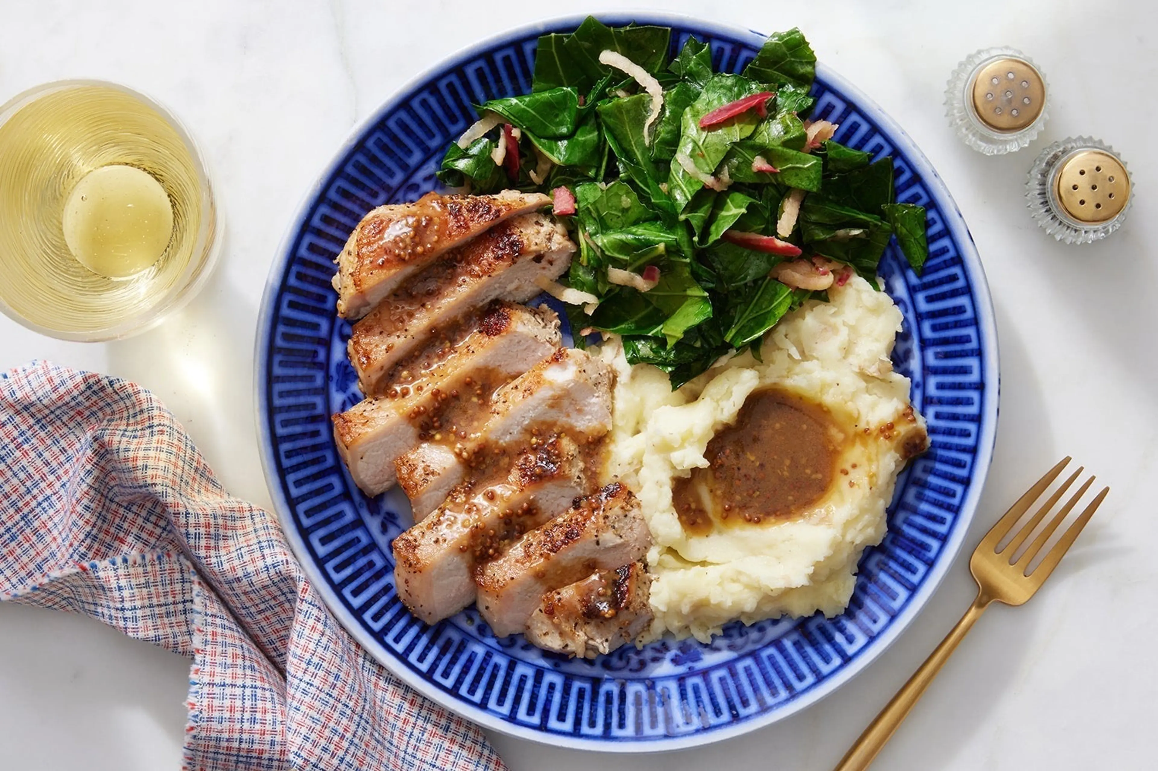 Dijon Pork Chops with Spicy Collard Greens & Mashed Potatoes