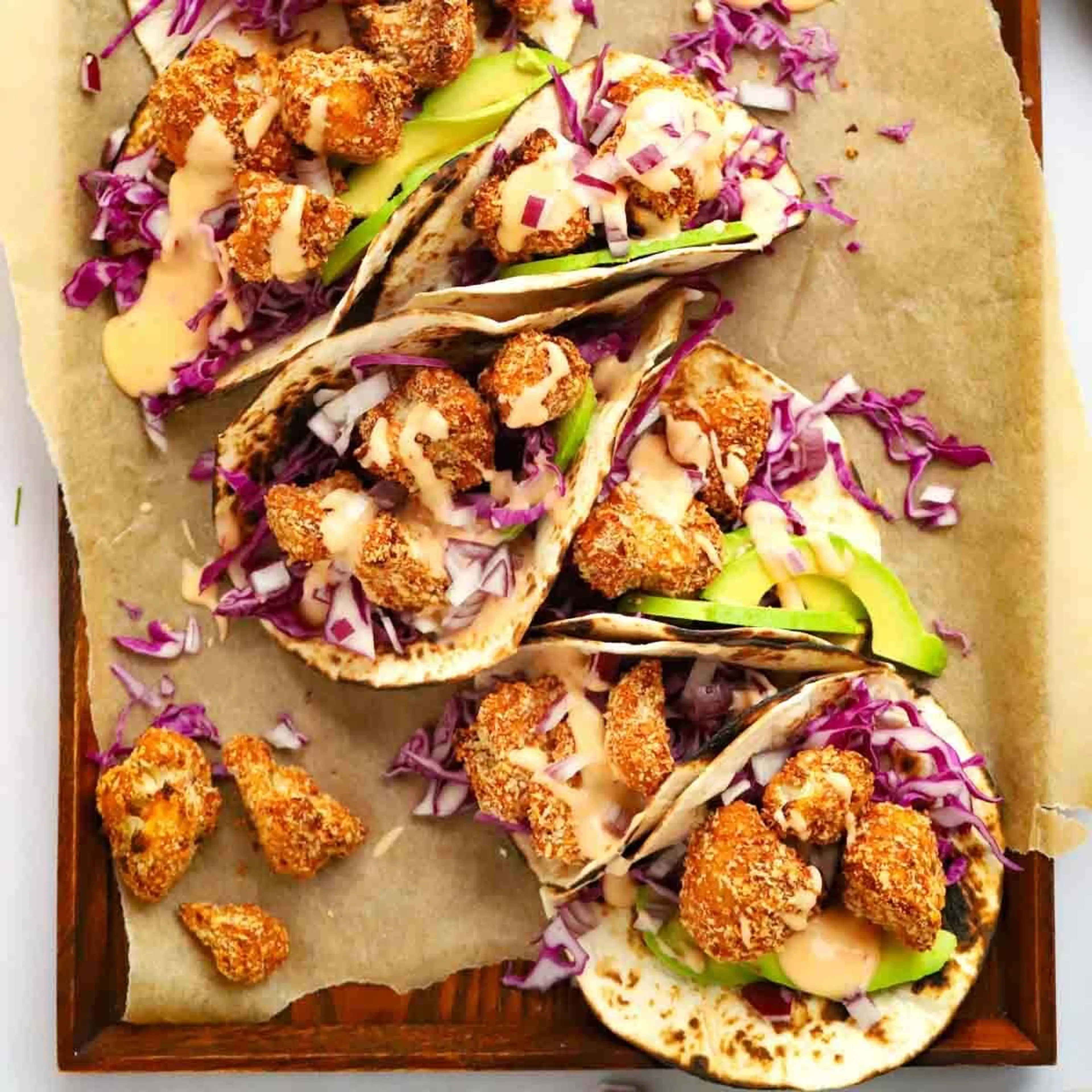 Crispy Cauliflower Tacos {with Sweet Chilli Mayo}