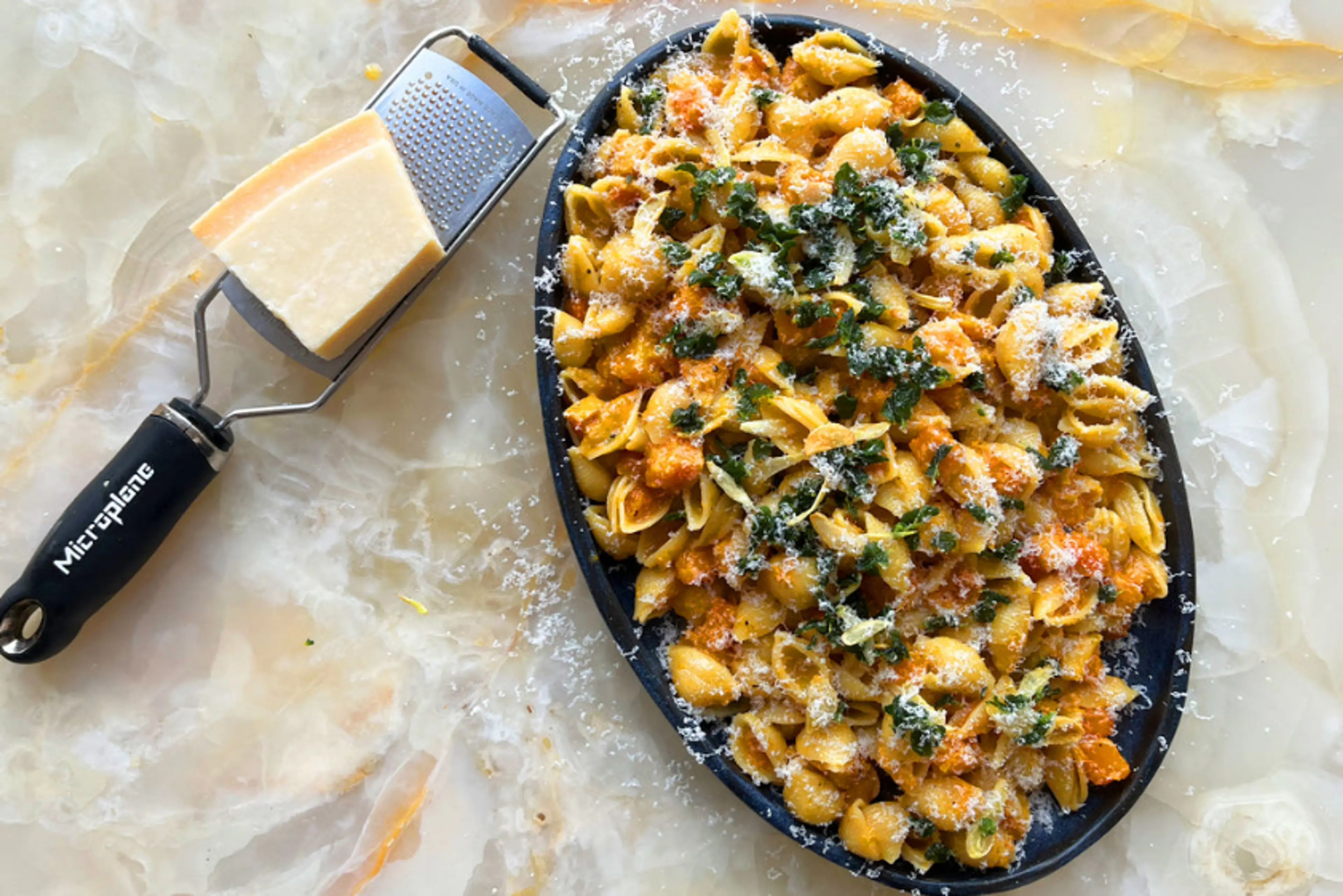 Butternut squash ‘carbonara’ with crisp garlic