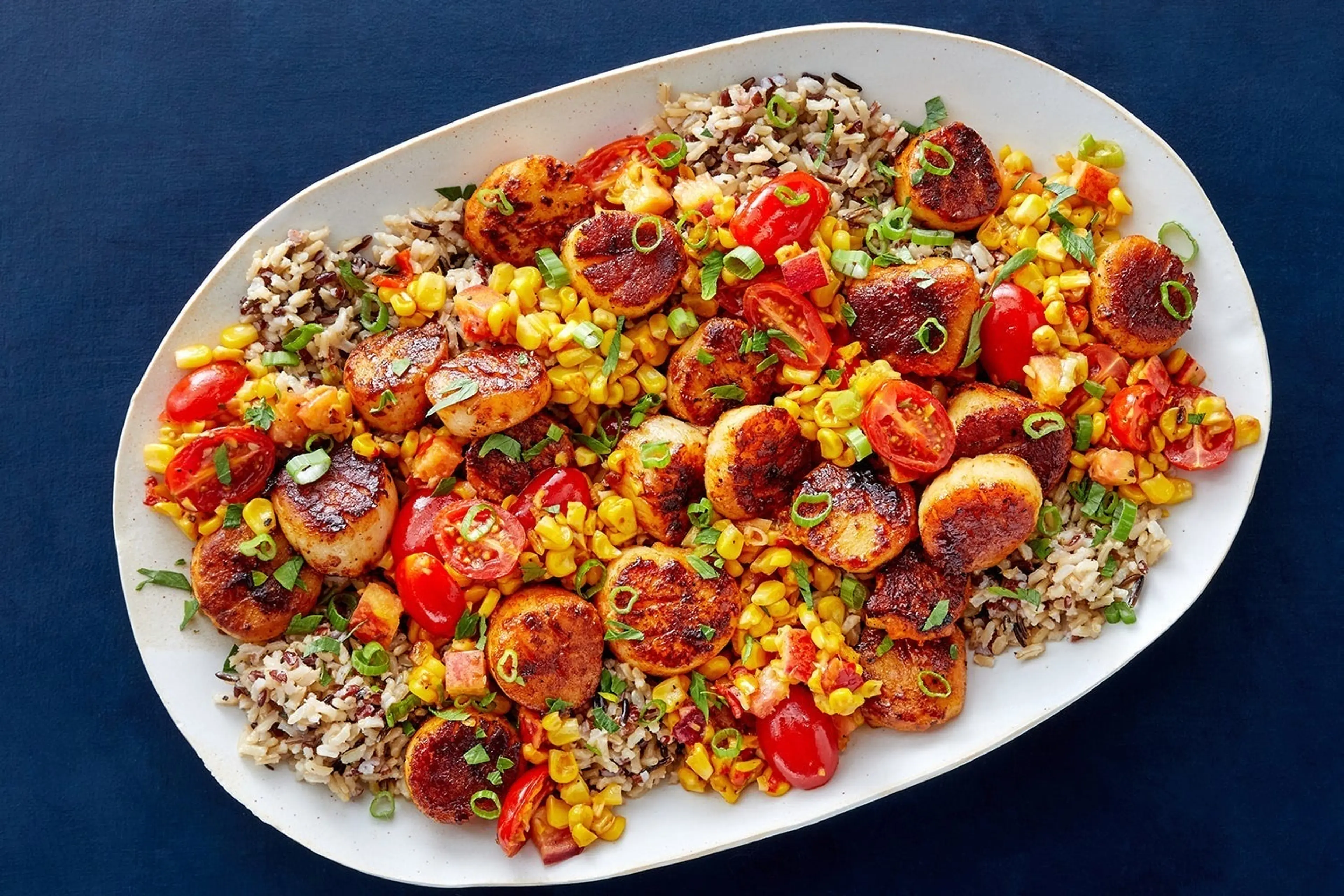 Pan-Seared Scallops & Red Rice with Charred Corn & Peach Sal