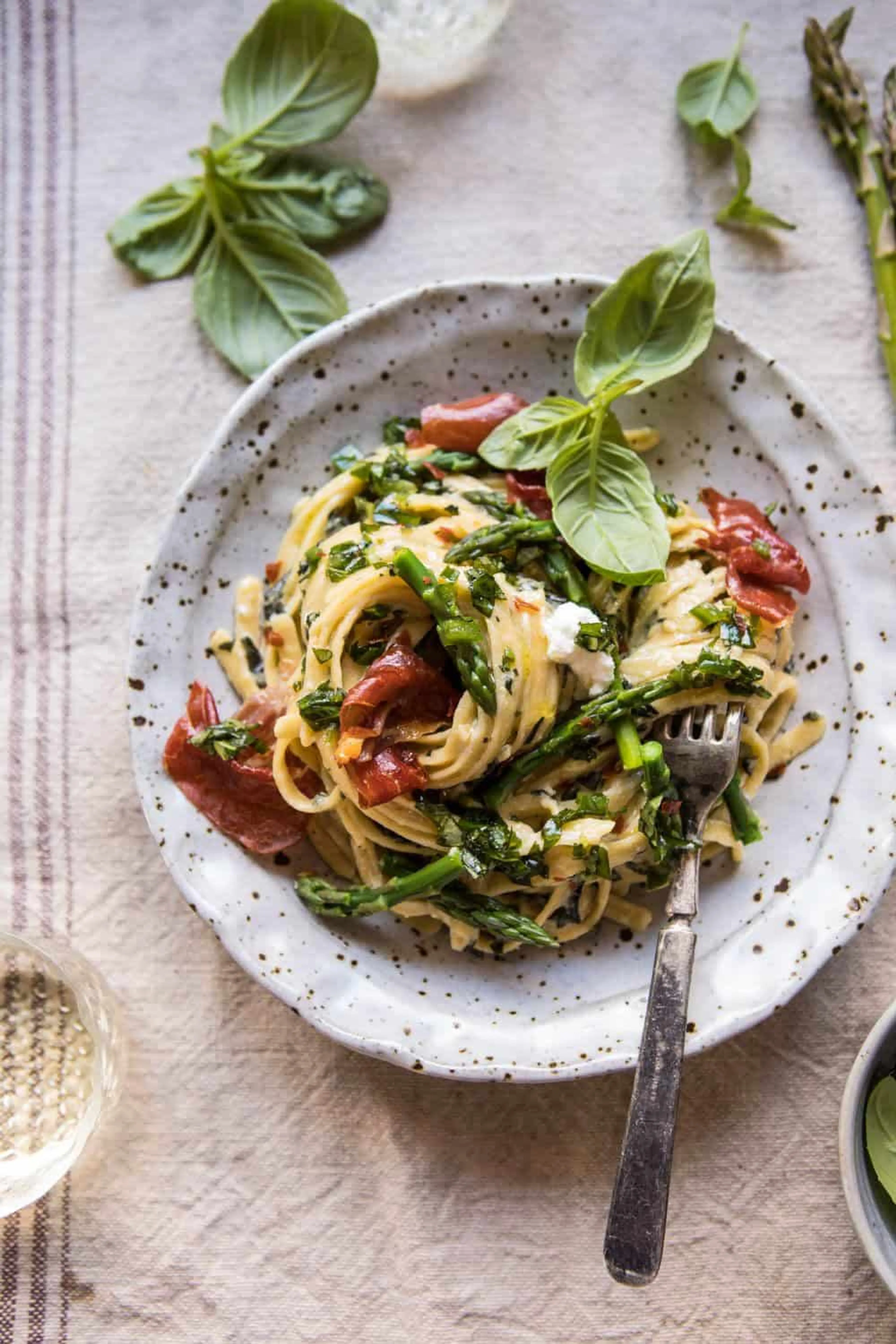 Spicy Pesto, Asparagus, and Ricotta Pasta with Crispy Prosci