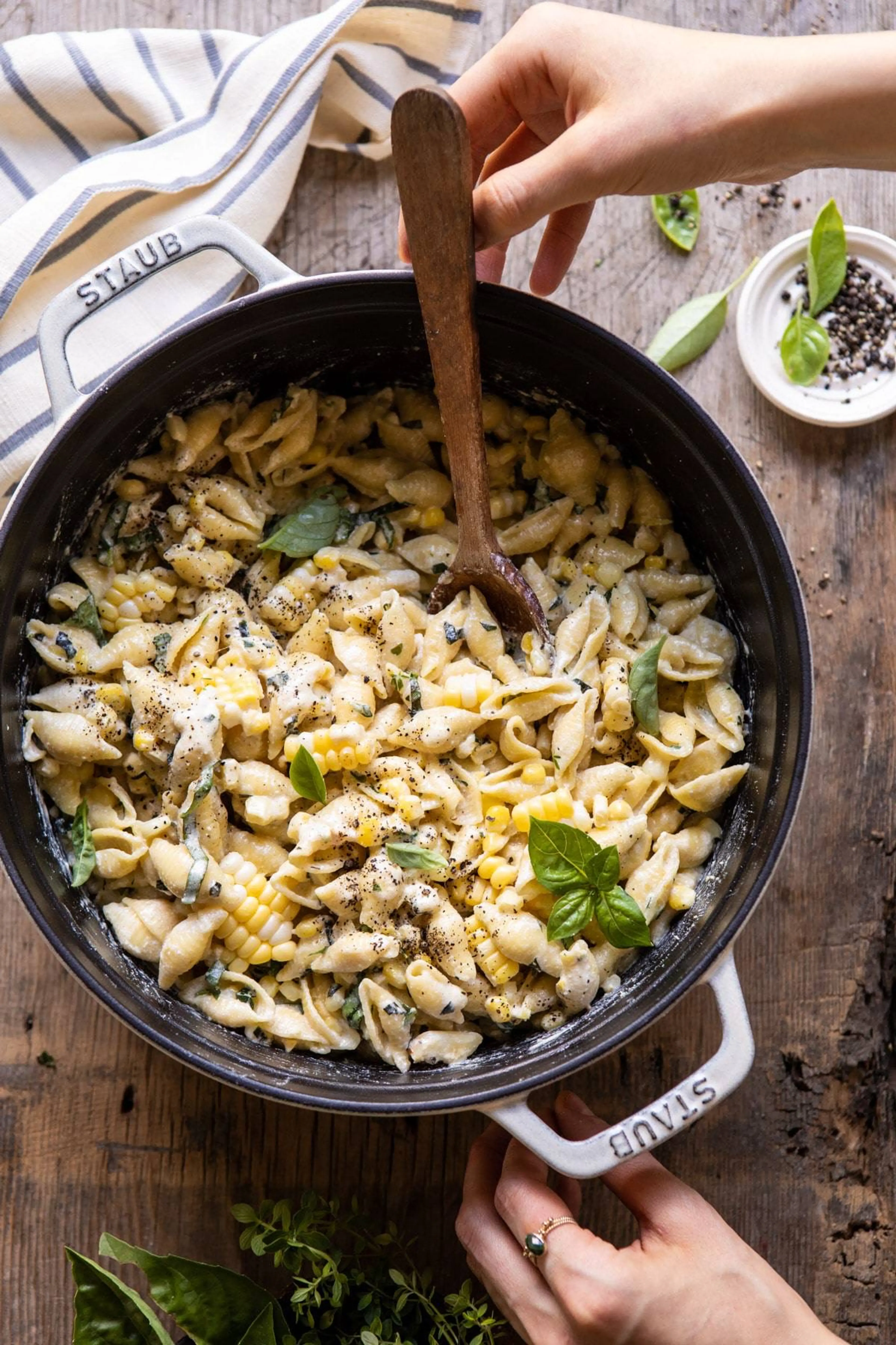 One Pot Lemon Basil, Corn, and Ricotta Pasta.