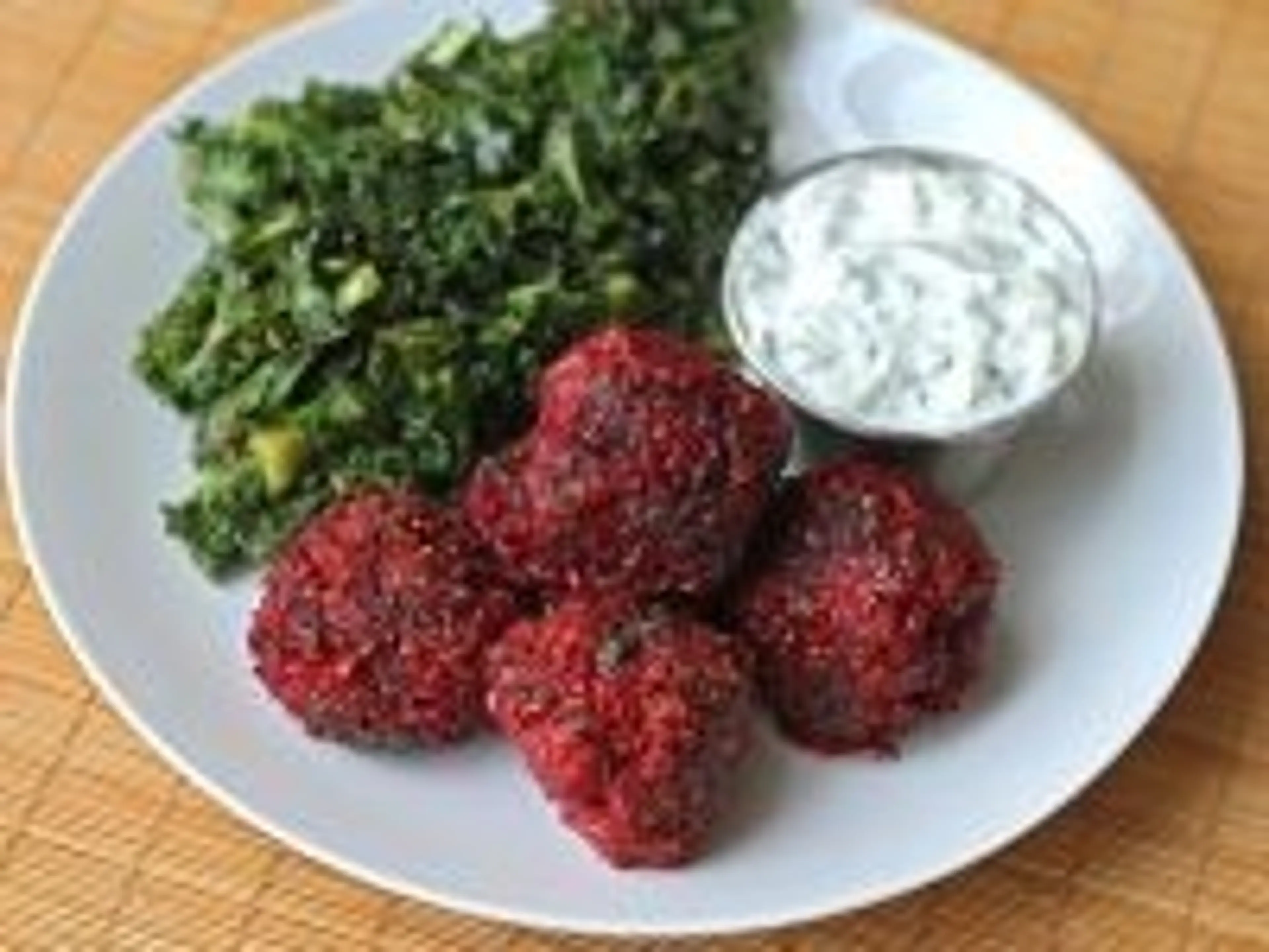 Lamb, Beet, and Cracked Wheat Meatballs with Cucumber Yogurt