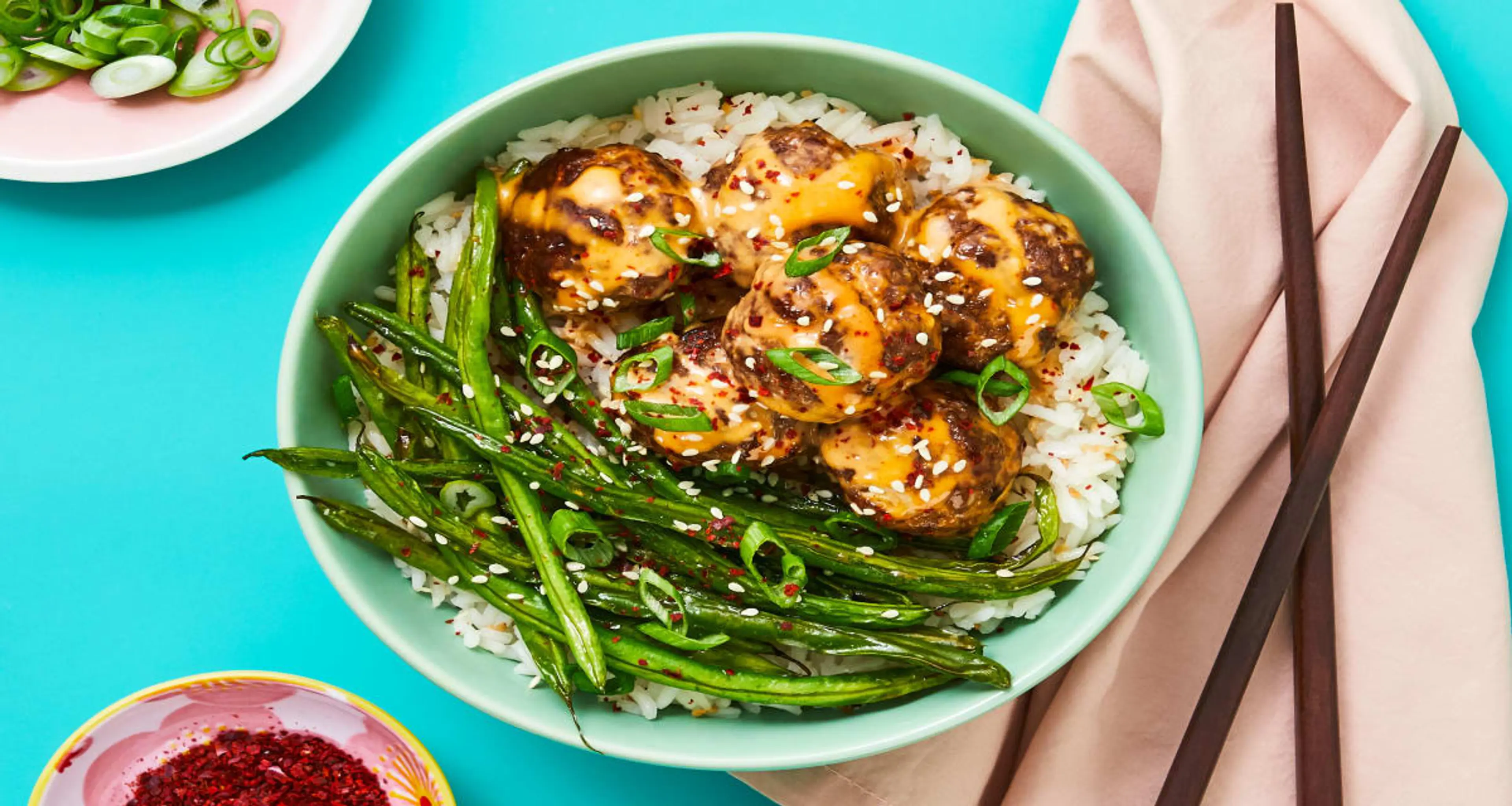 Firecracker Meatballs with Roasted Green Beans & Sesame Rice