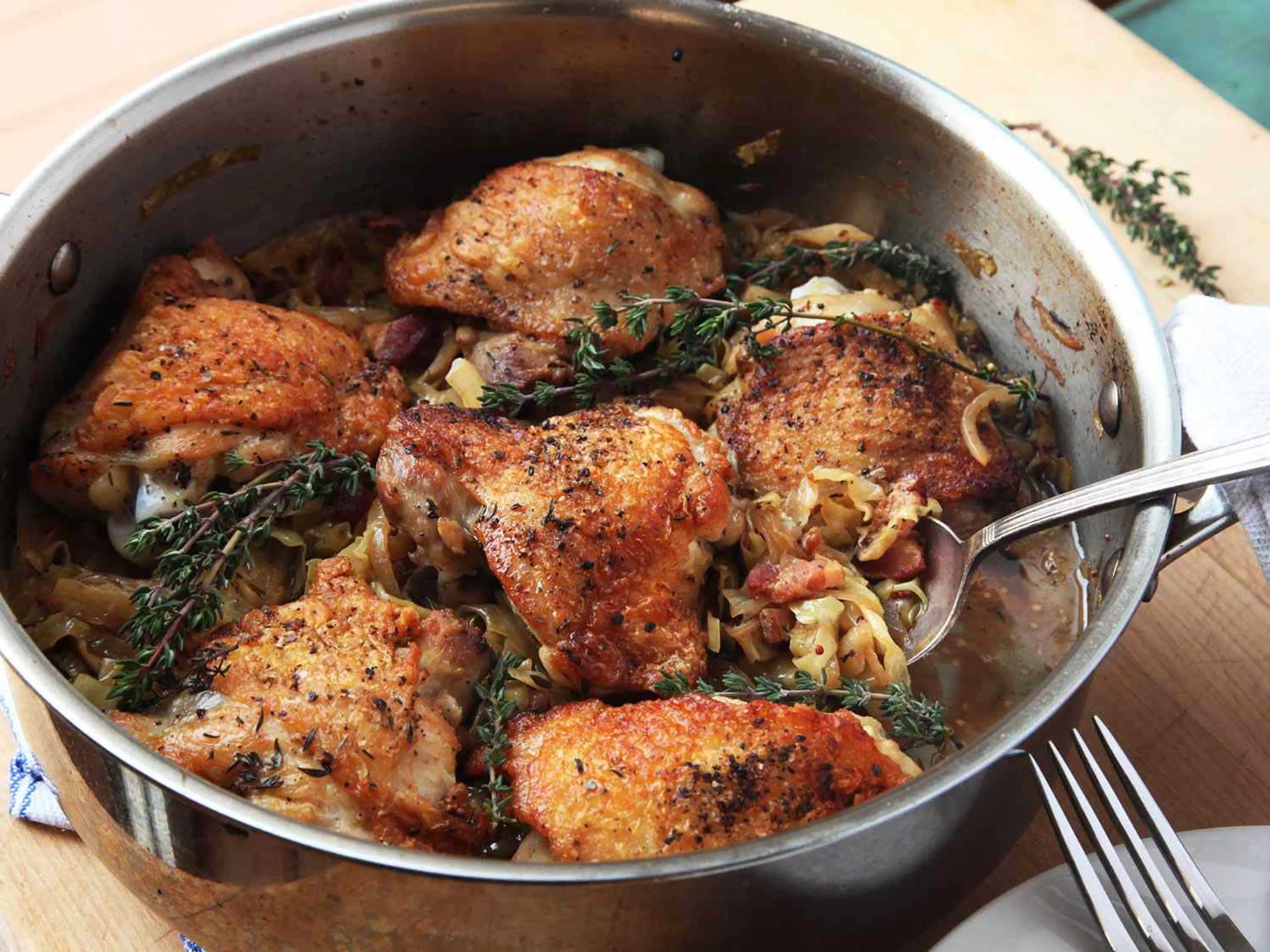 Crispy Braised Chicken Thighs With Cabbage and Bacon Recipe