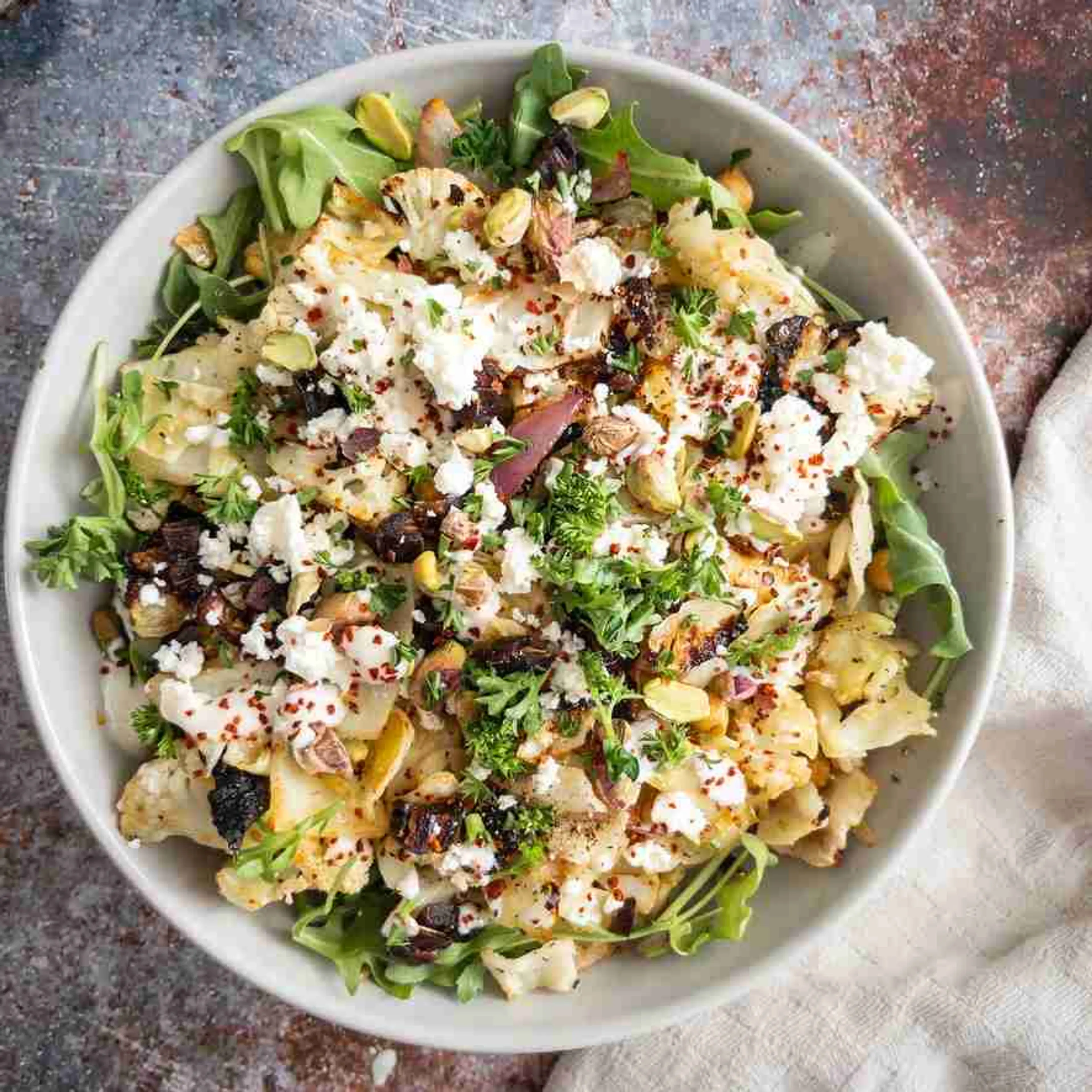 Charred Cabbage and Cauliflower Salad with Chickpeas, Feta a