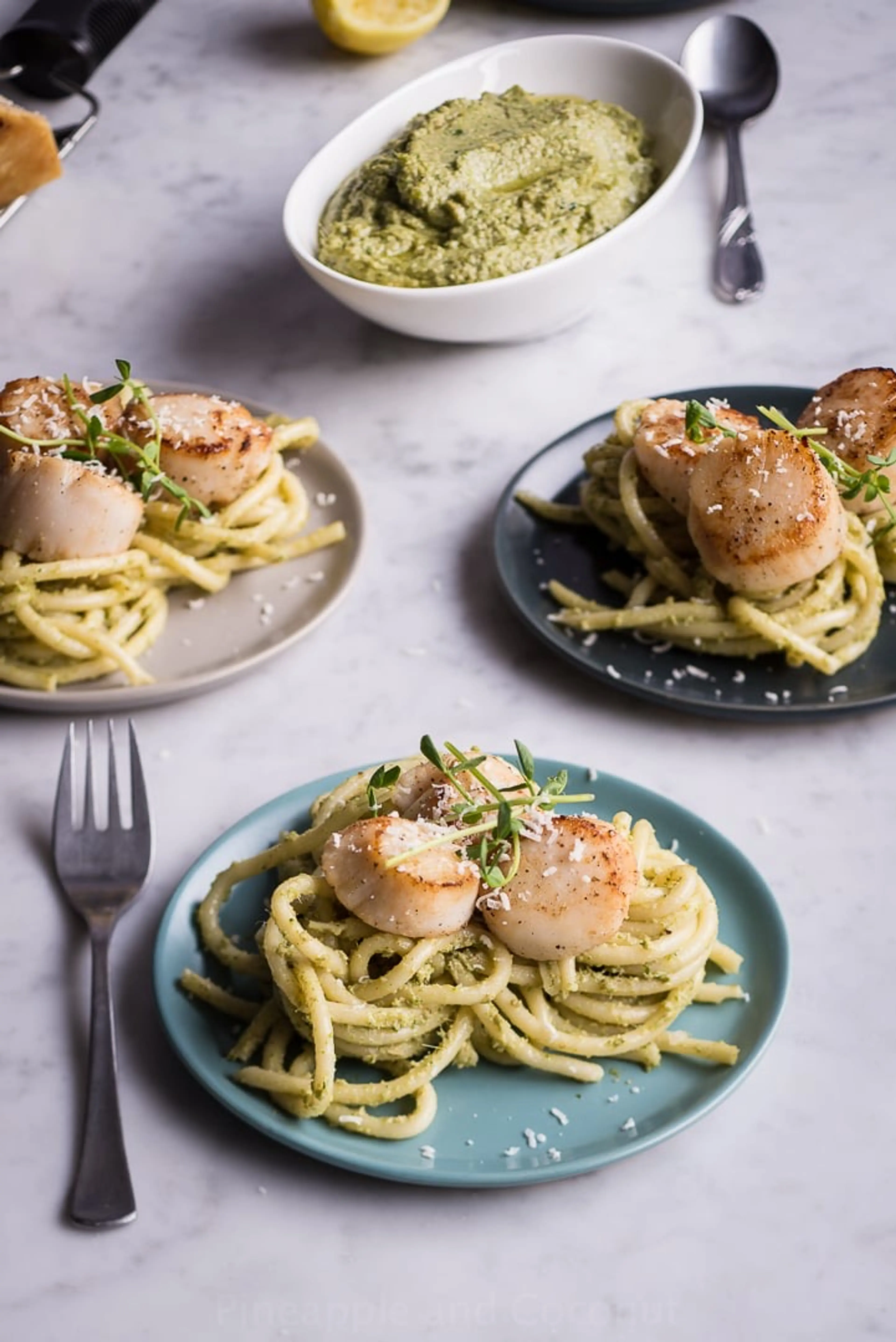 Pea Shoot Pesto Bucatini with Seared Sea Scallops