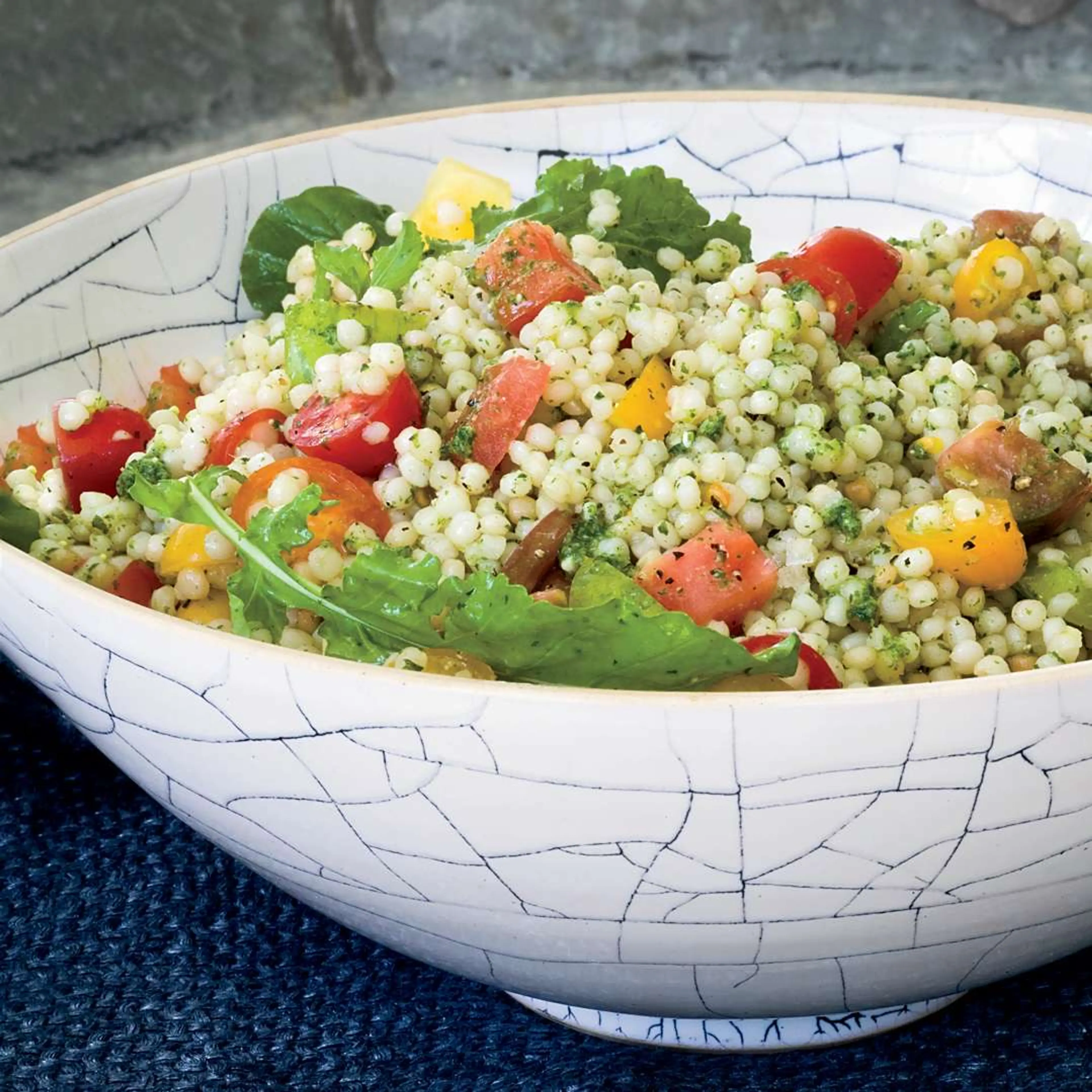 Israeli Couscous and Tomato Salad with Arugula Pesto