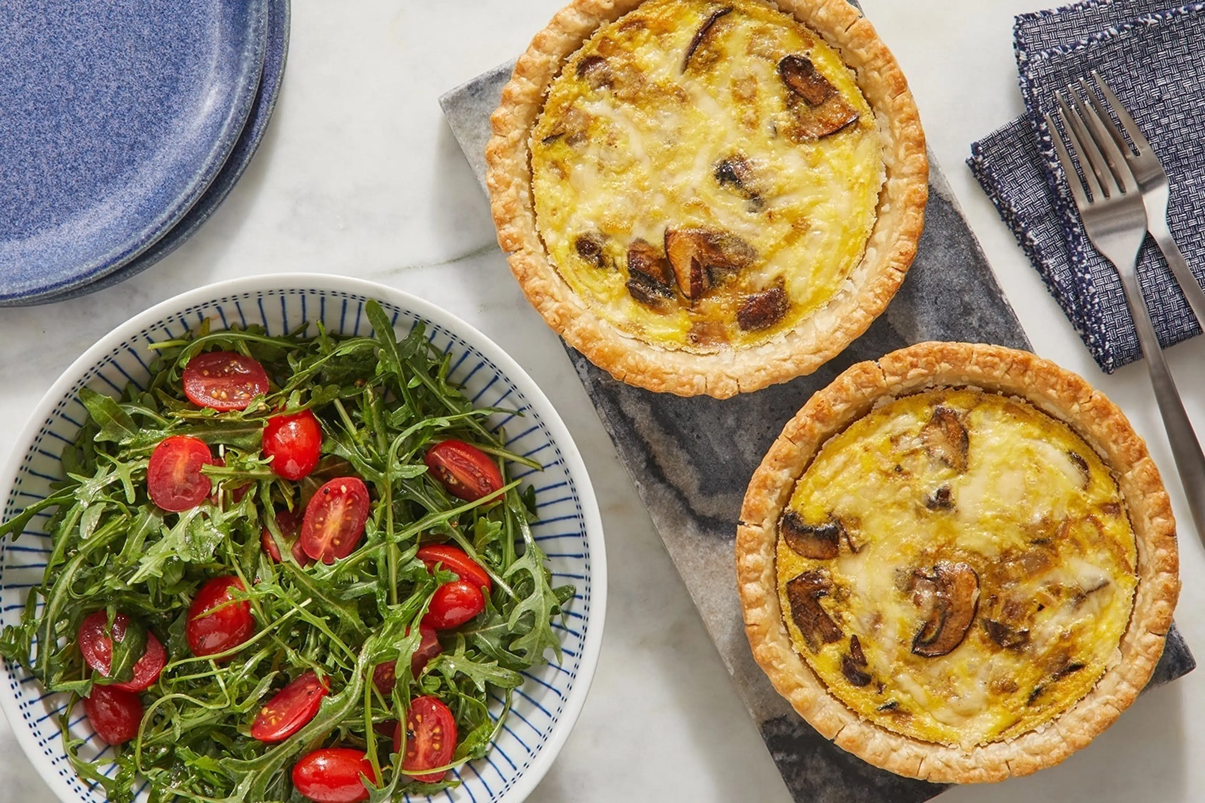 Smoked Gouda & Mushroom Quiche with Arugula & Tomato Salad