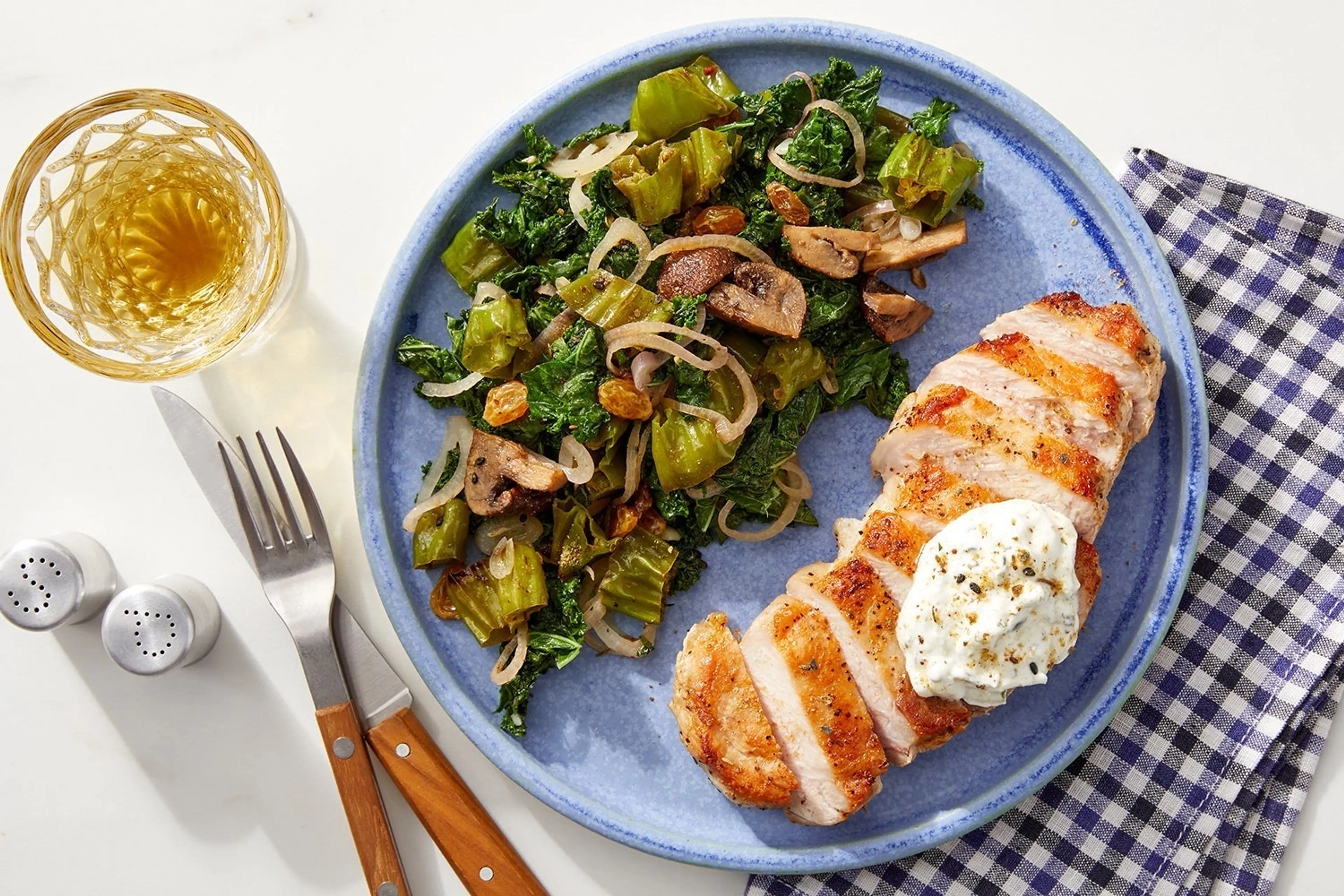 Seared Pork Chops & Tzatziki with Mushrooms, Kale & Shishito