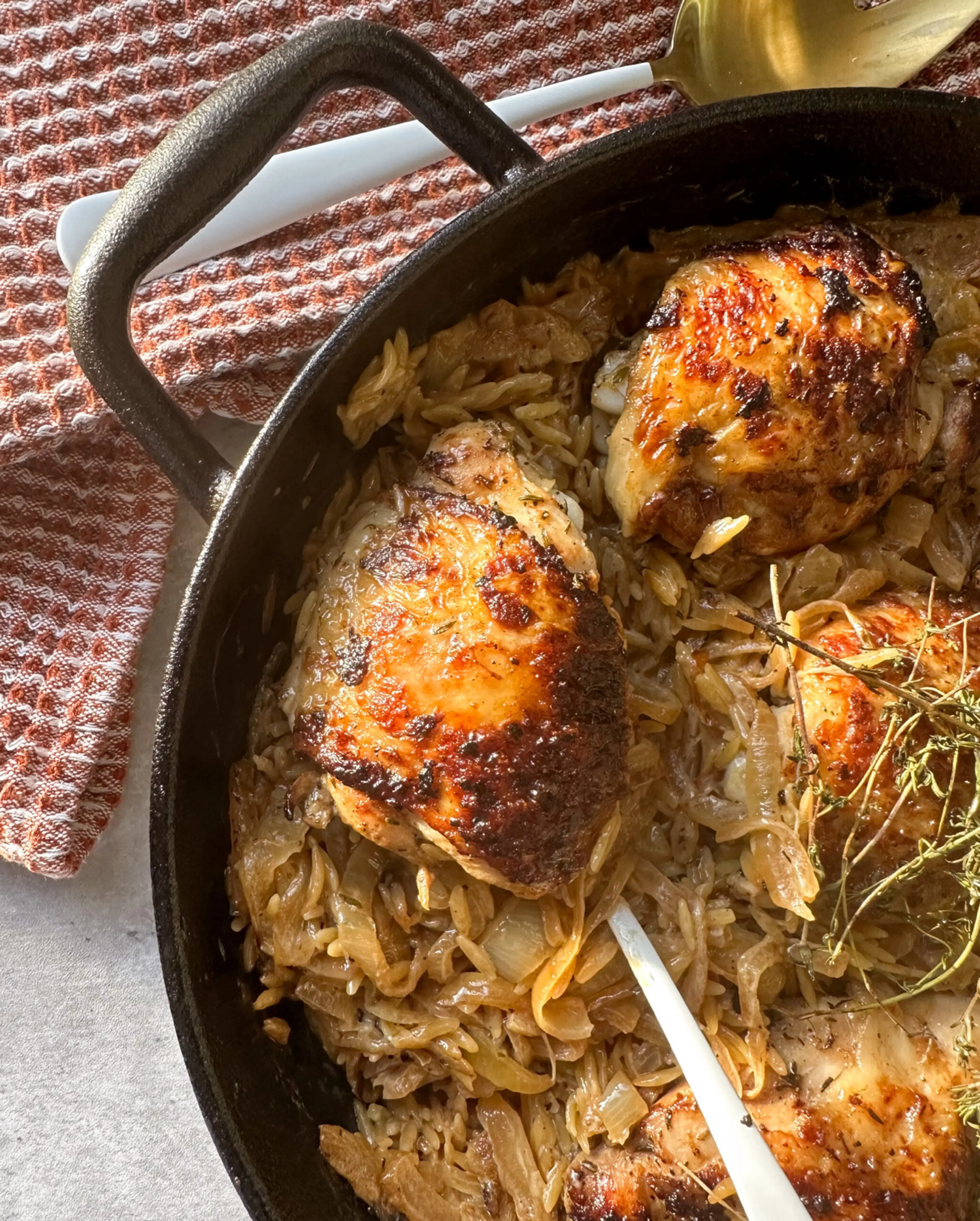 French Onion Chicken with Caramelized Onions & Orzo