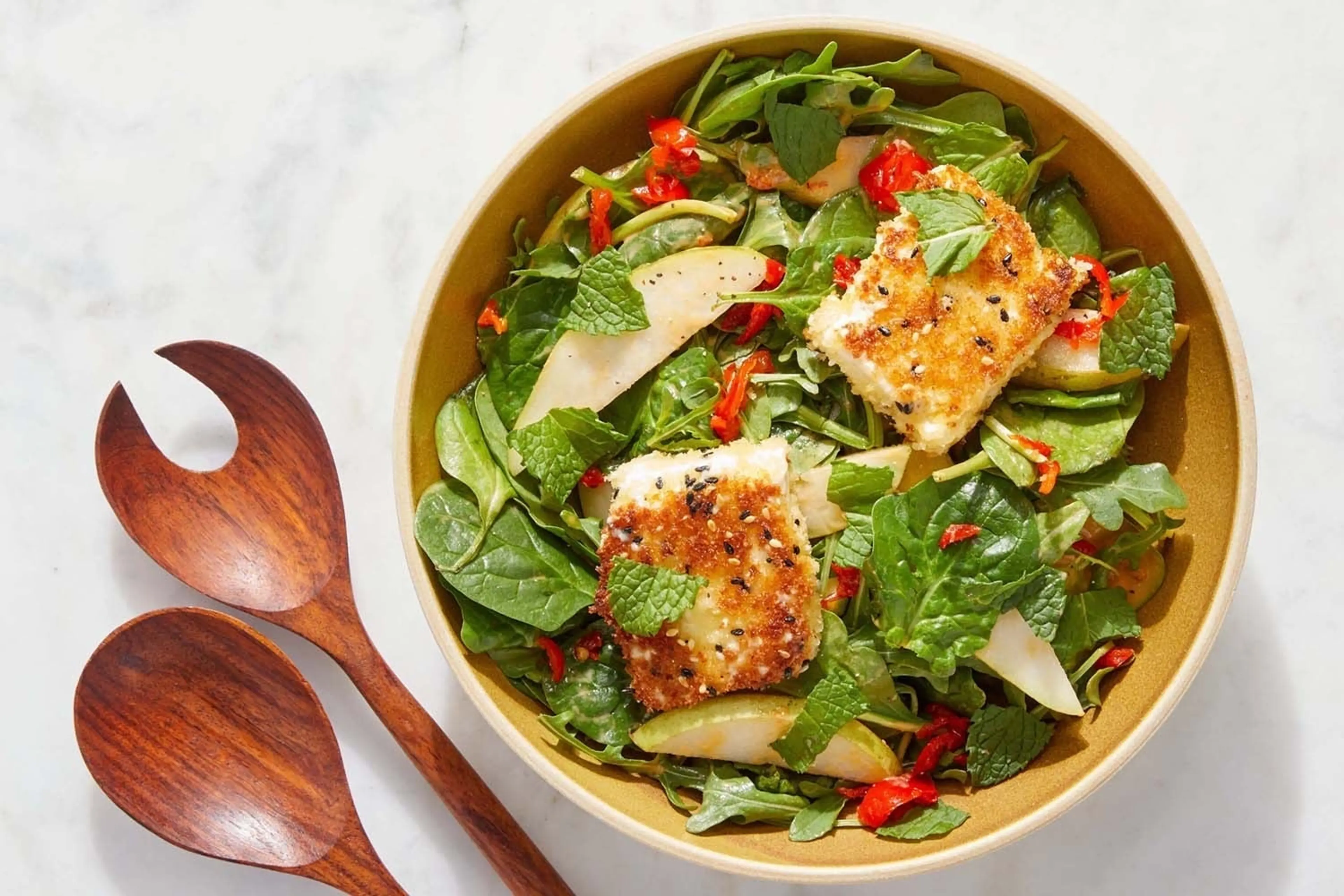 Fried Feta Salad with Pear & Spicy Tahini Dressing