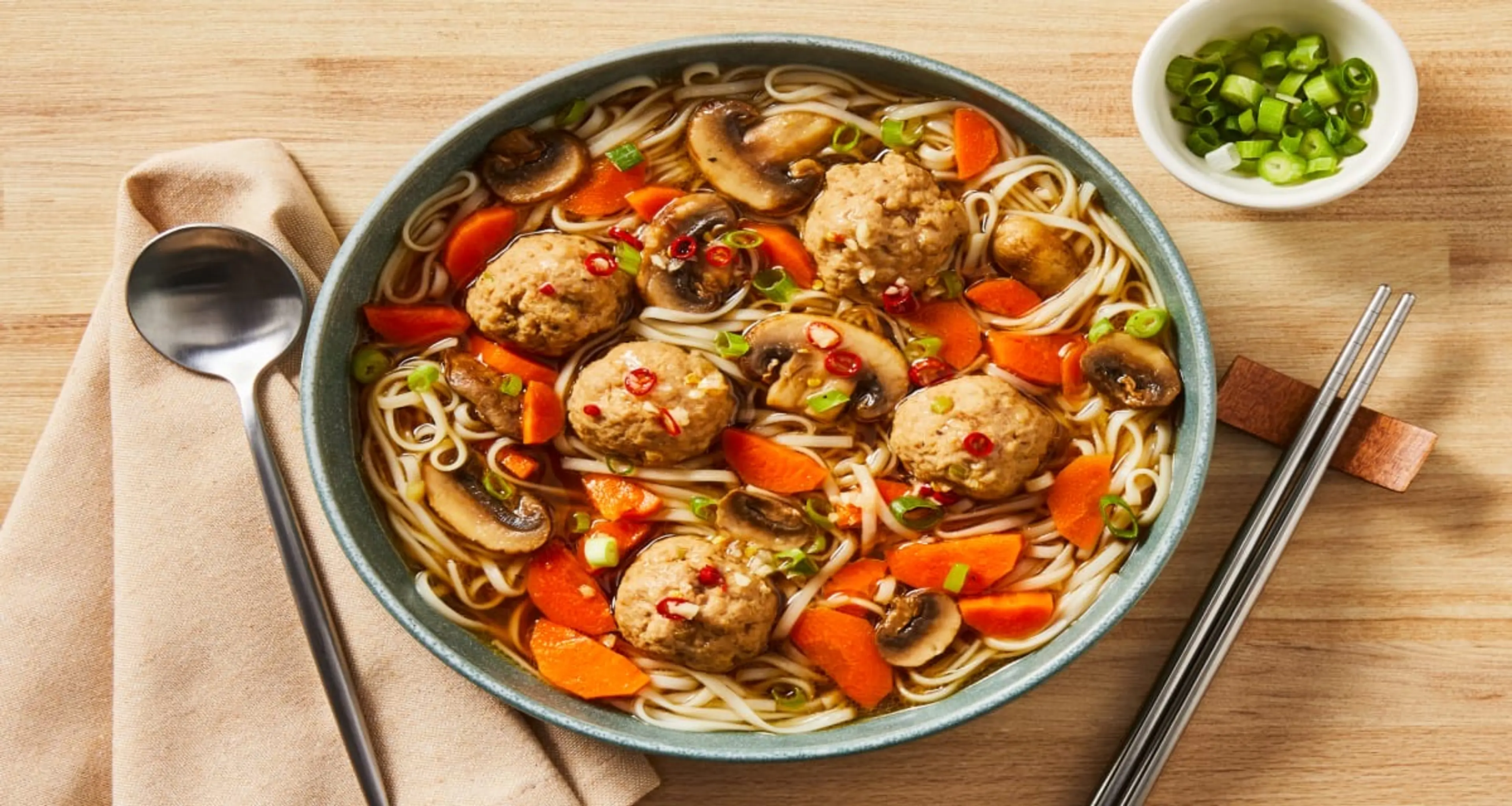 Pork Meatball & Mushroom Ramen with Garlic Chili Oil