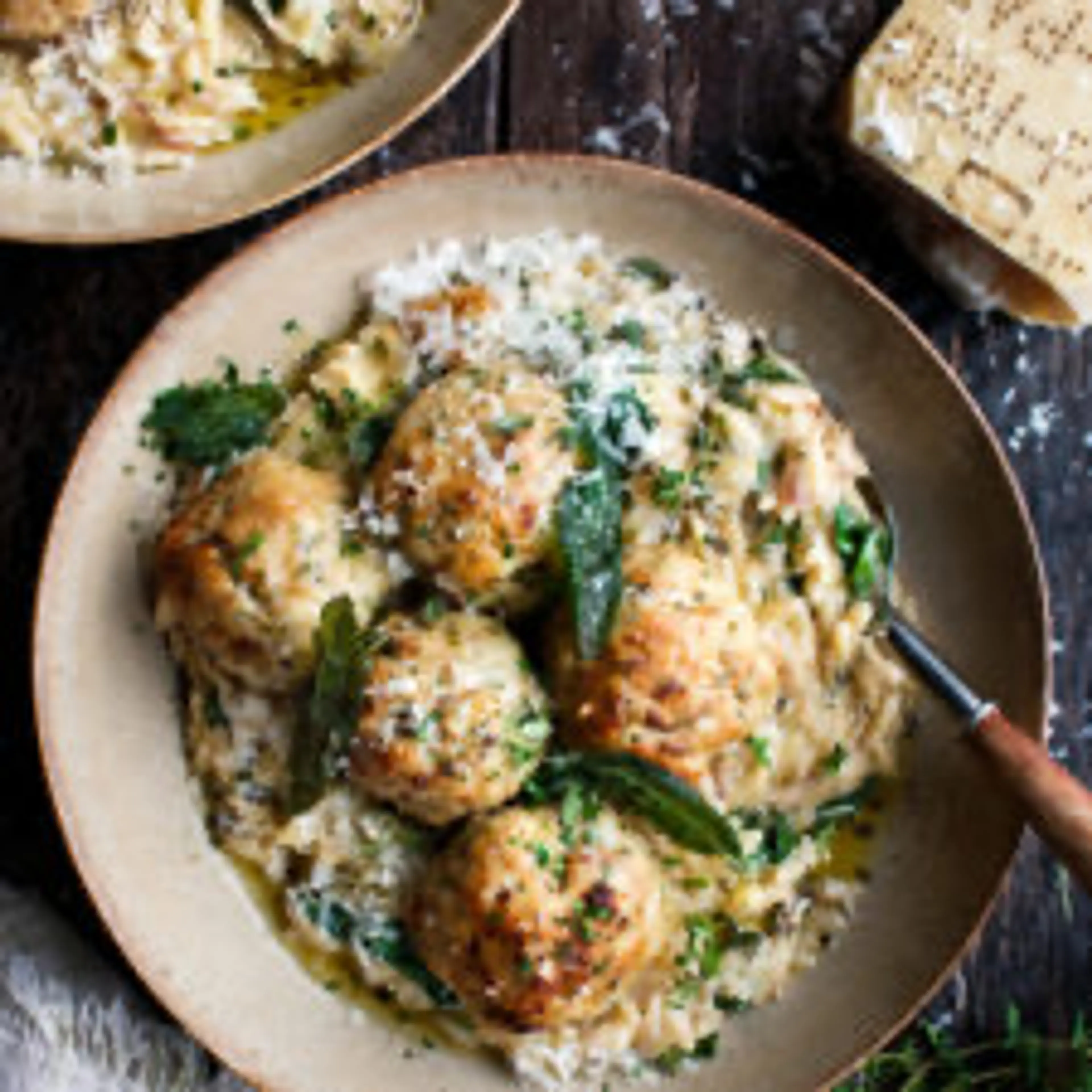 Baked Sage Chicken Meatballs with Parmesan Orzo