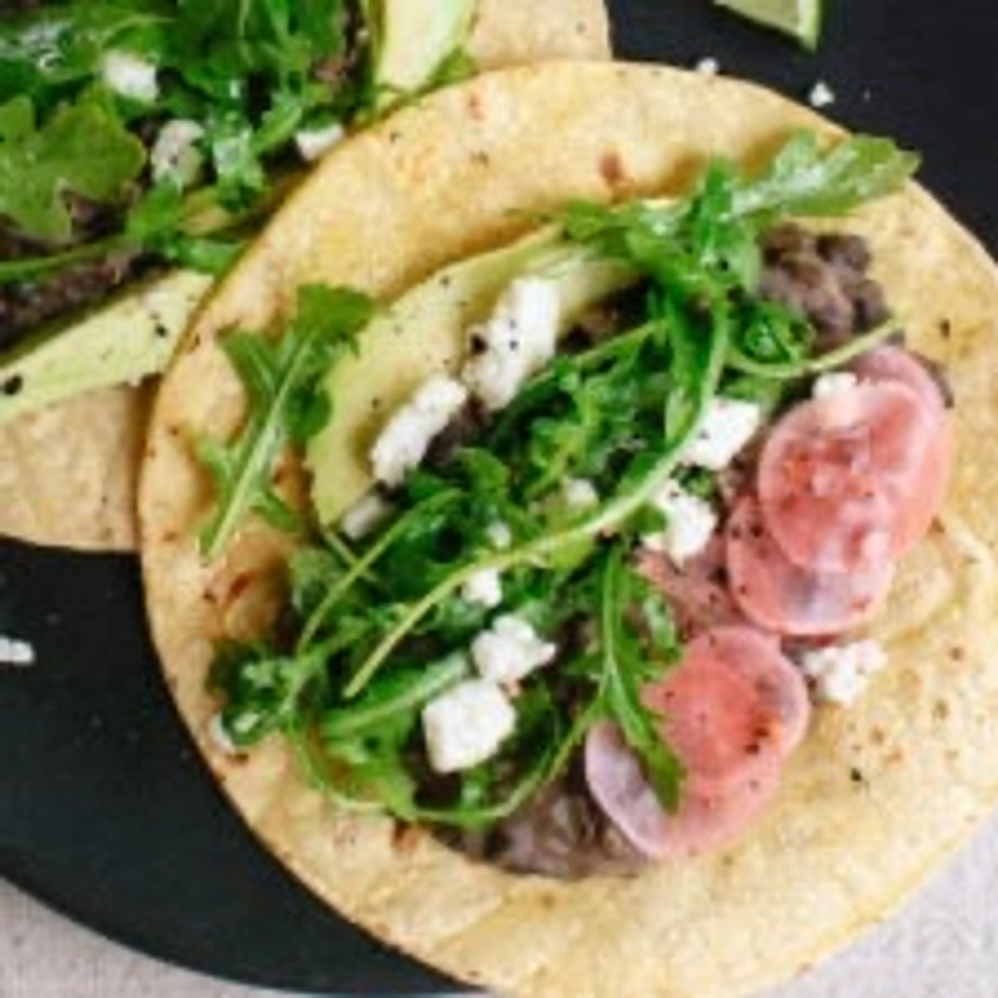 Vegetarian Arugula and Black Bean Tacos with Pickled Radish