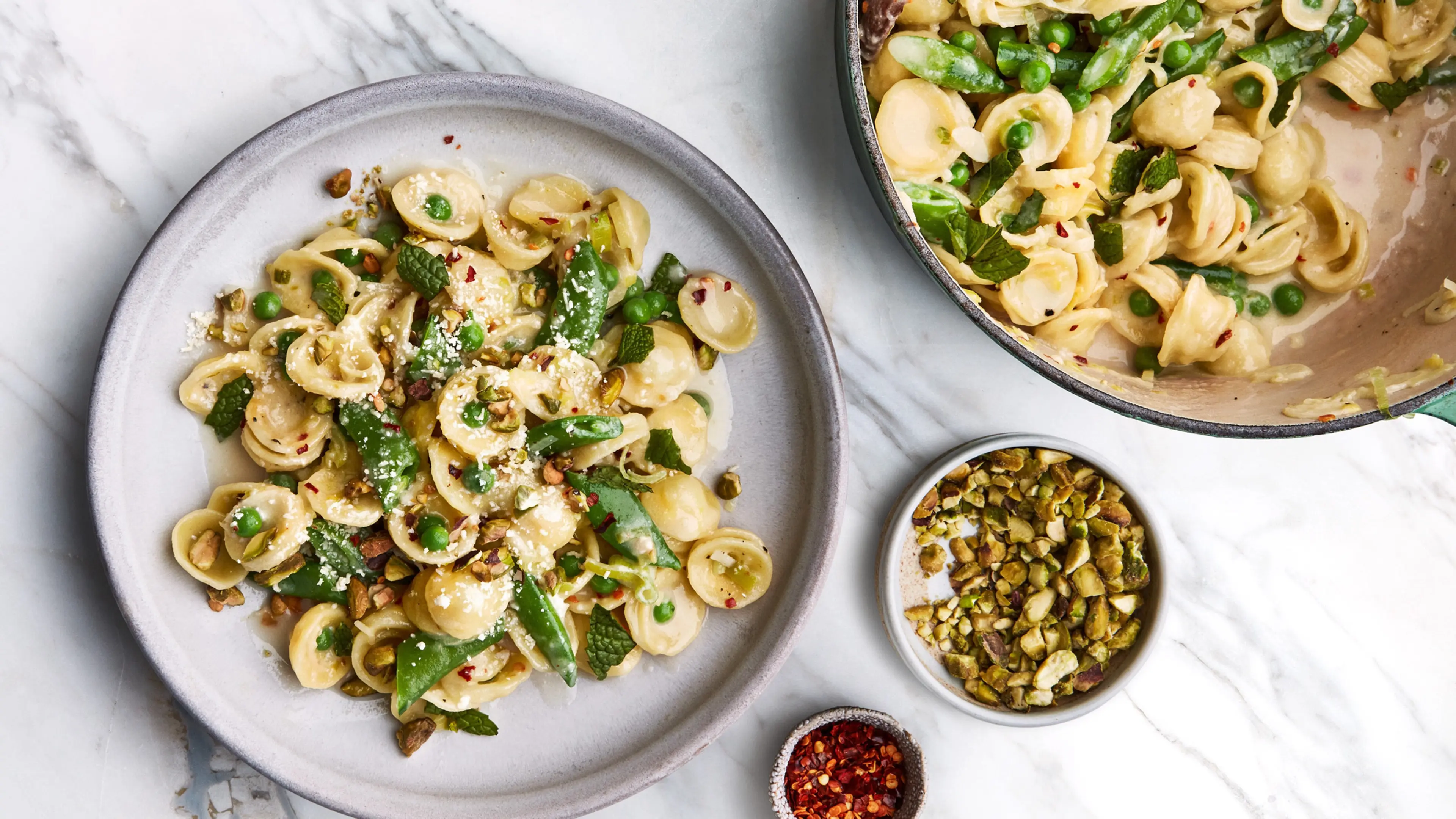 Orecchiette with Buttermilk, Peas, and Pistachios