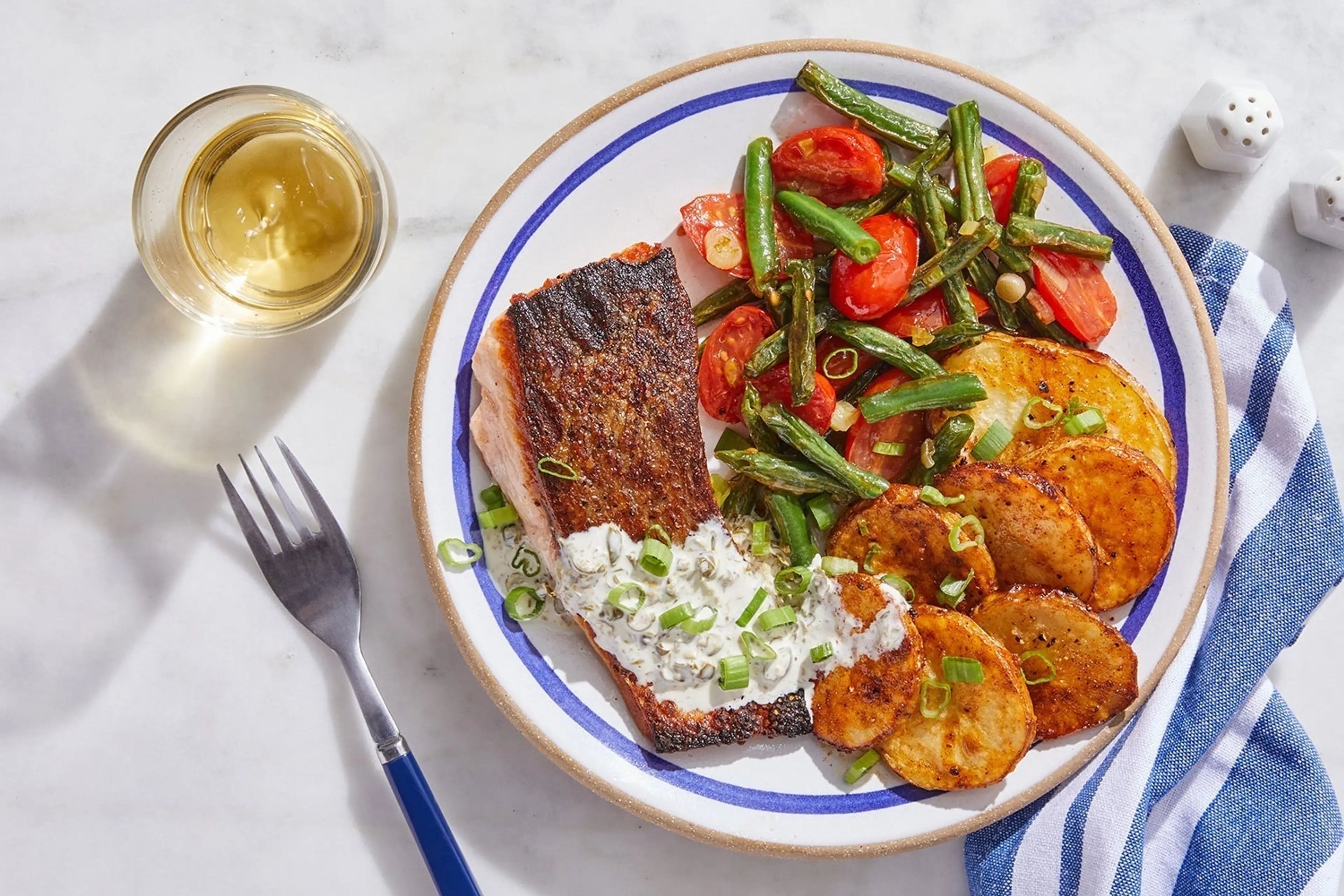 Crispy Skin Salmon & Caper Mayo with New England-Style Potat