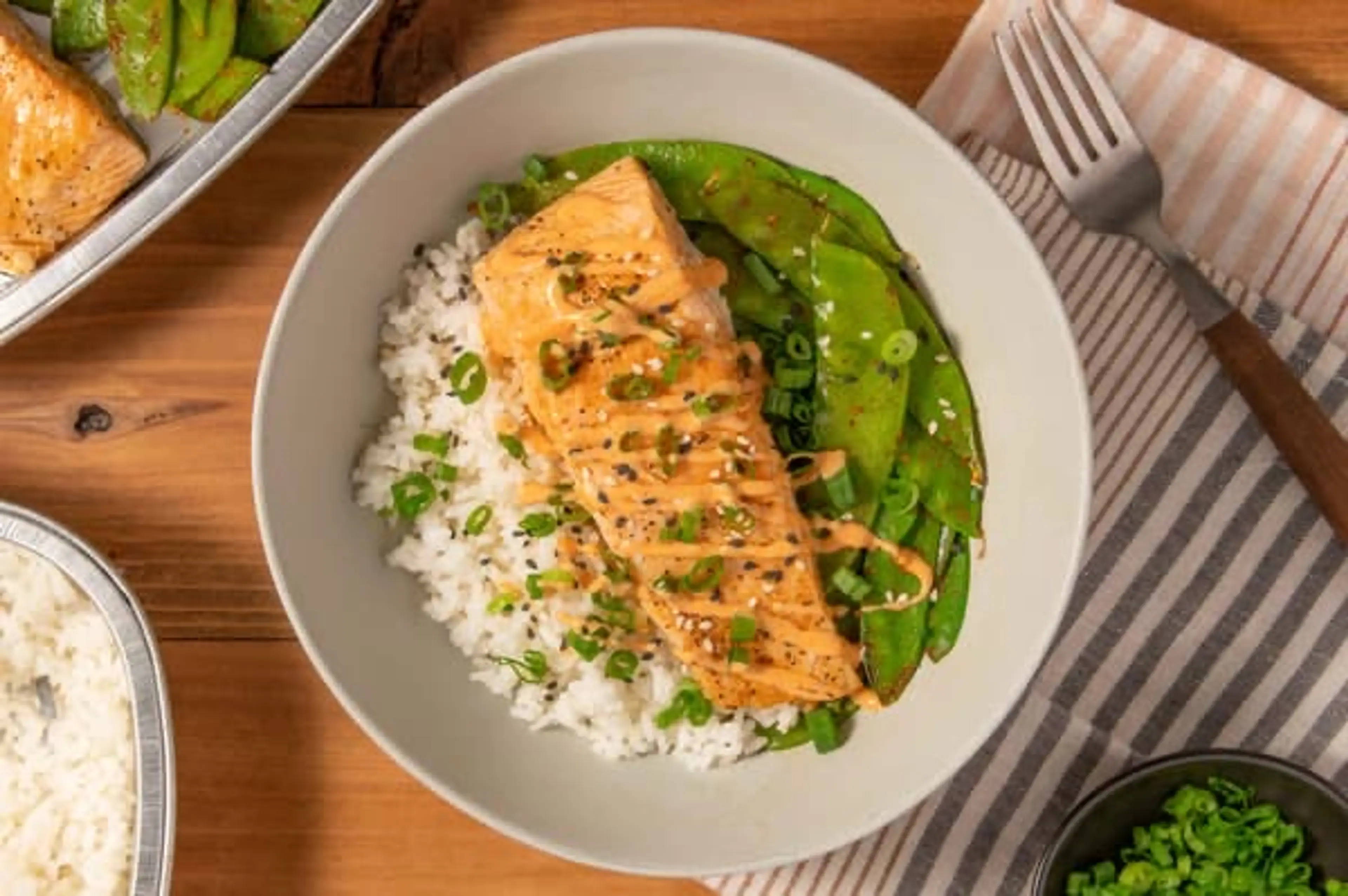 Sriracha Salmon Rice Bowl with snow peas