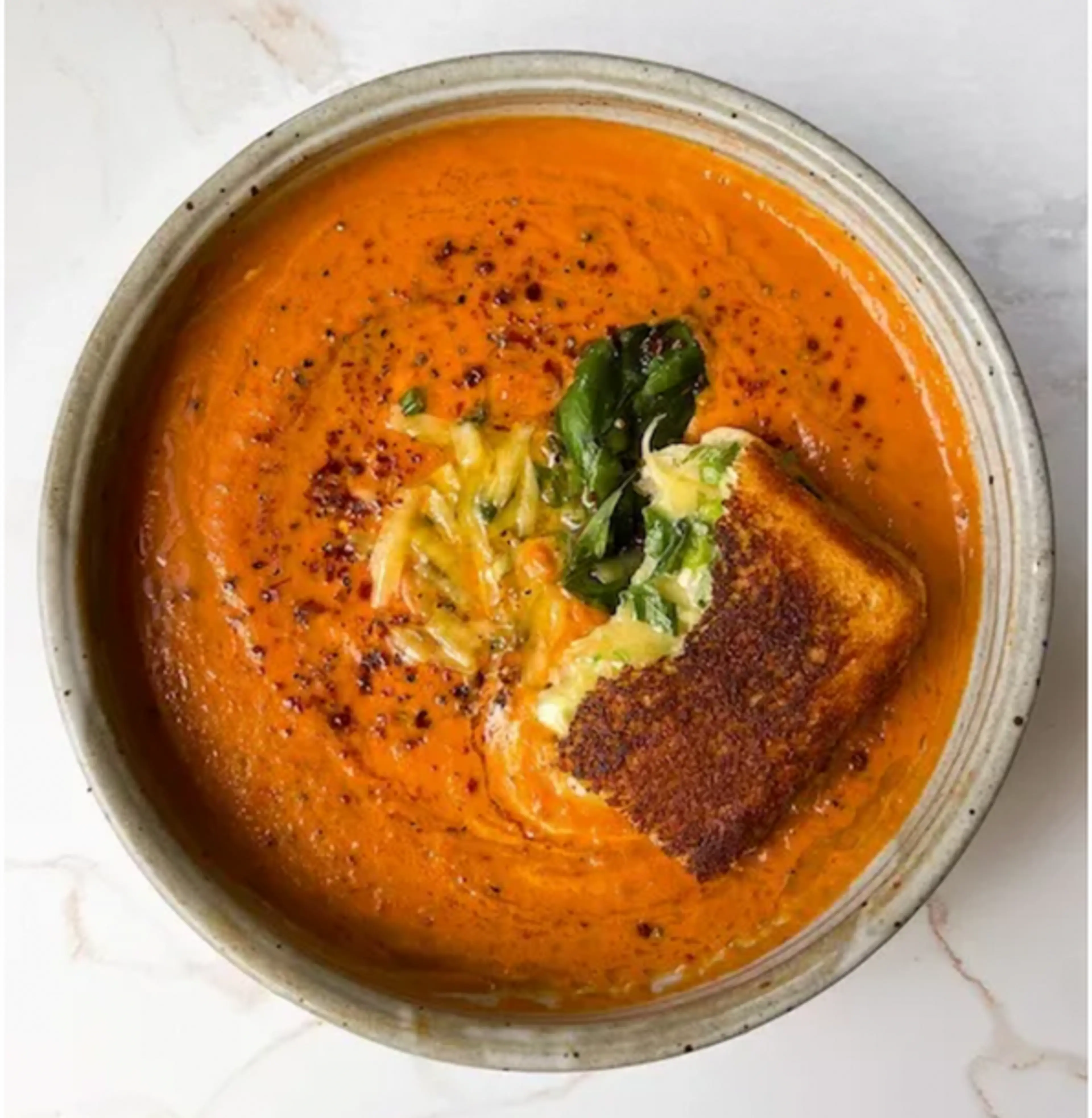 Miso Tomato Soup with Scallion Grilled Cheese