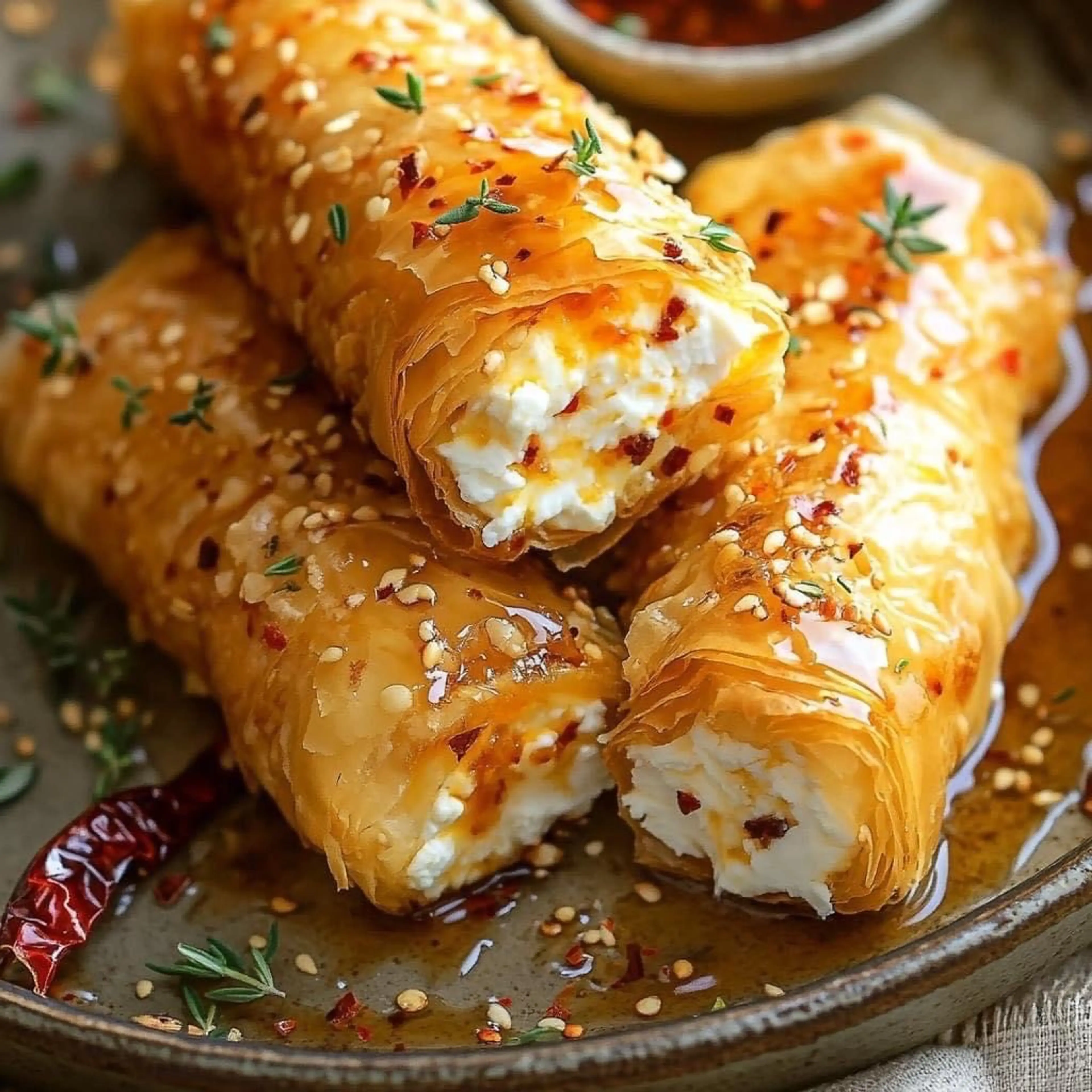 Oven Fried Feta Rolls with Chili Honey 🍯🌶️