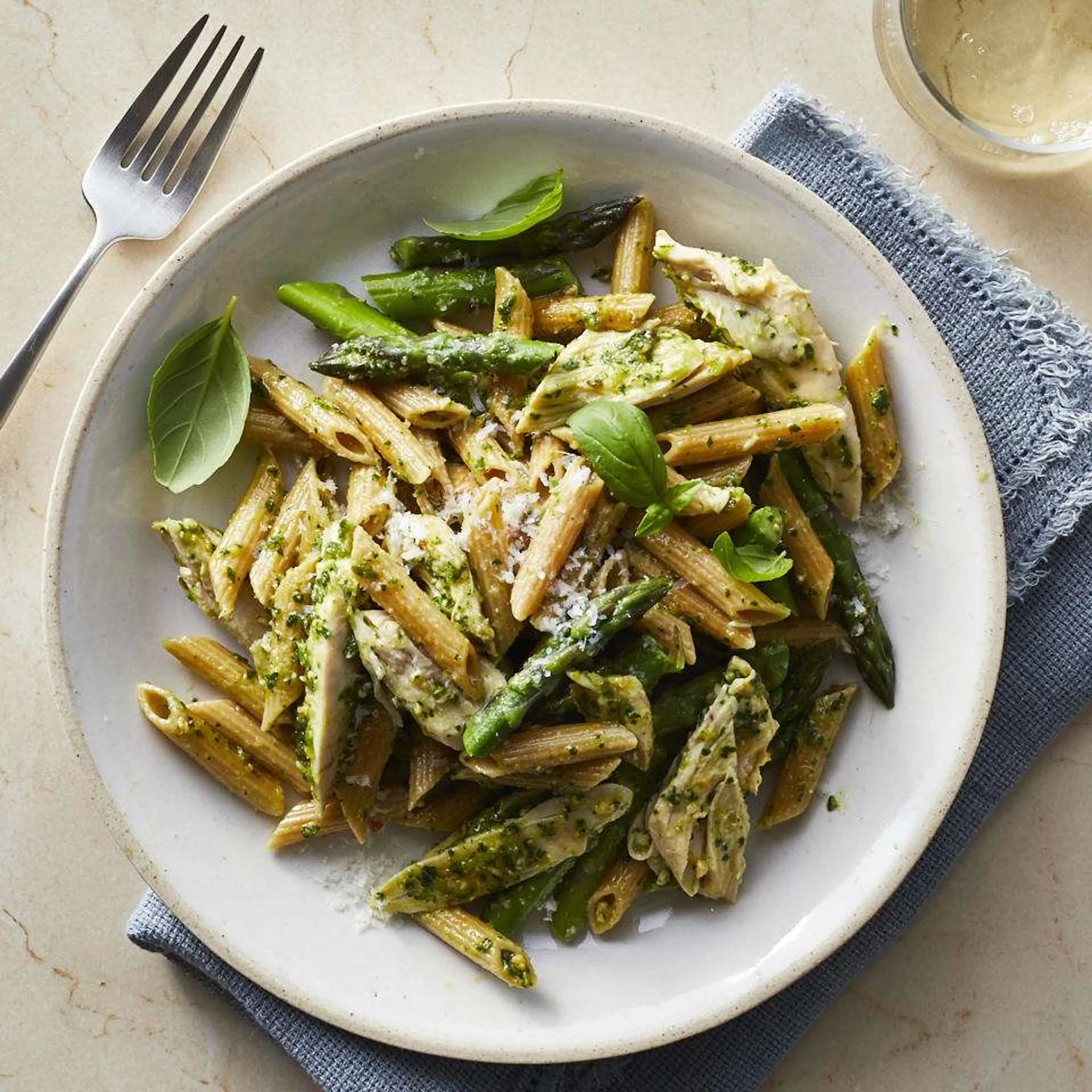 One-Pot Chicken Pesto Pasta with Asparagus