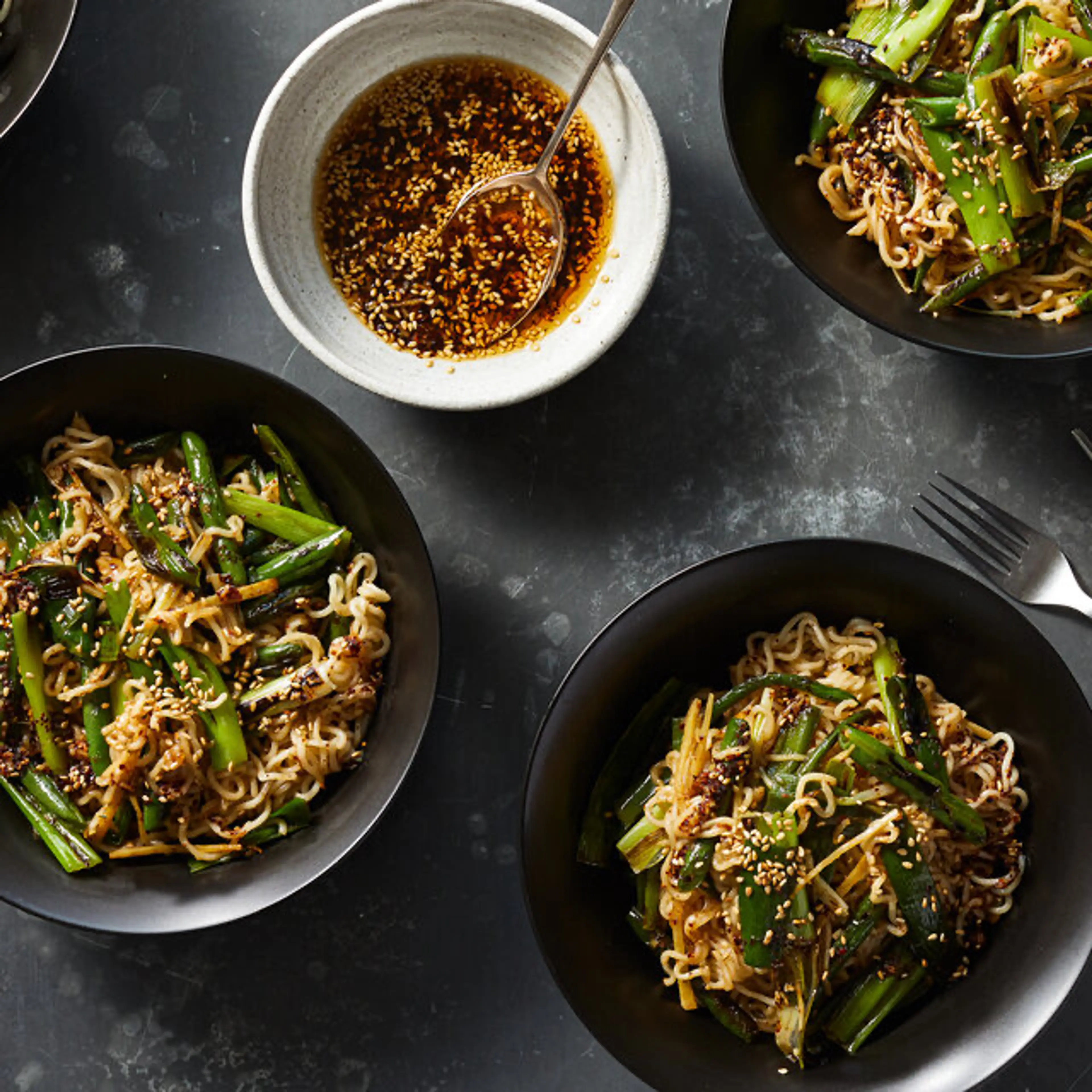 Ramen With Charred Scallions, Green Beans and Chile Oil