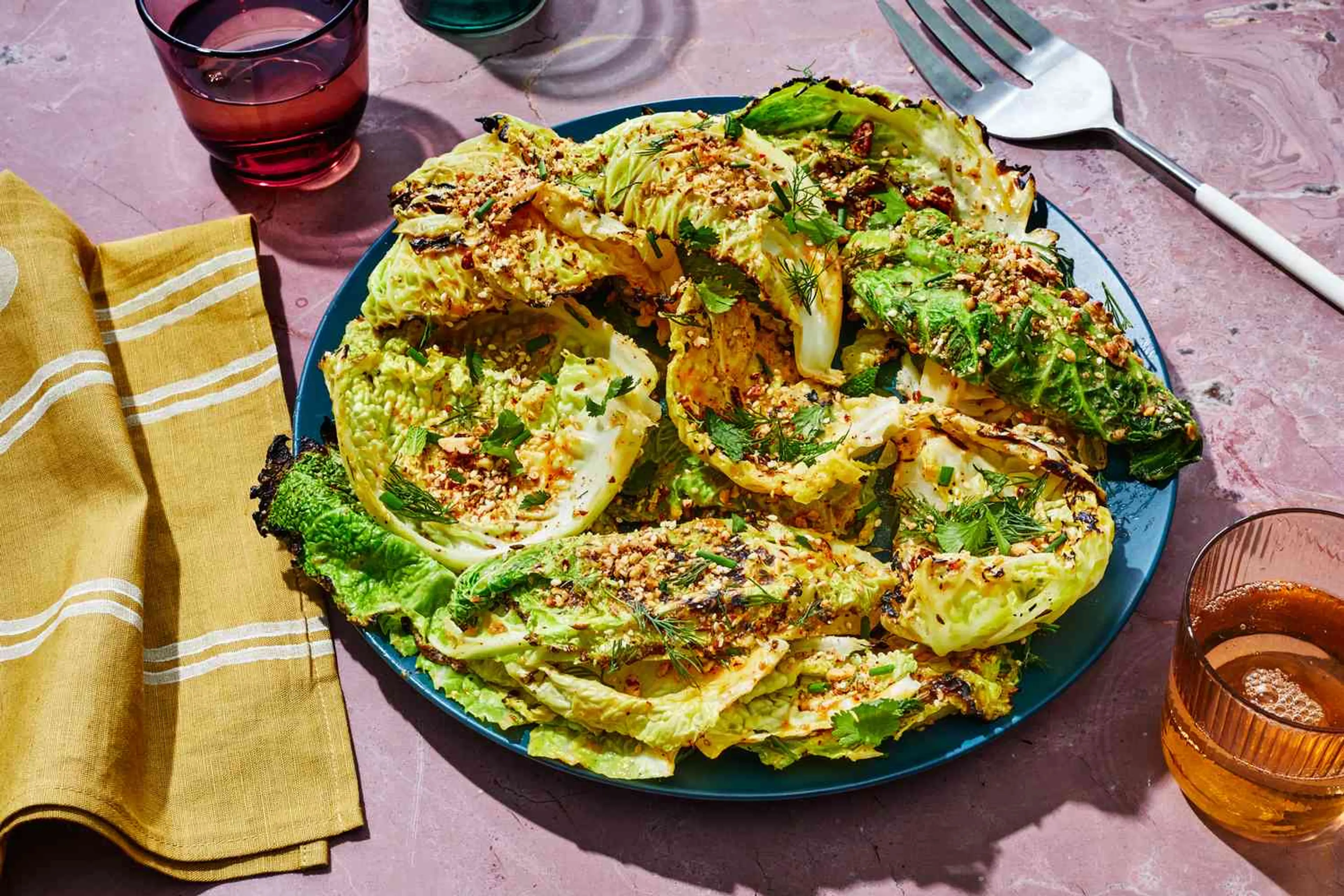 Charred Cabbage Salad with Pecan Dukkah, Chile-Lime Butter