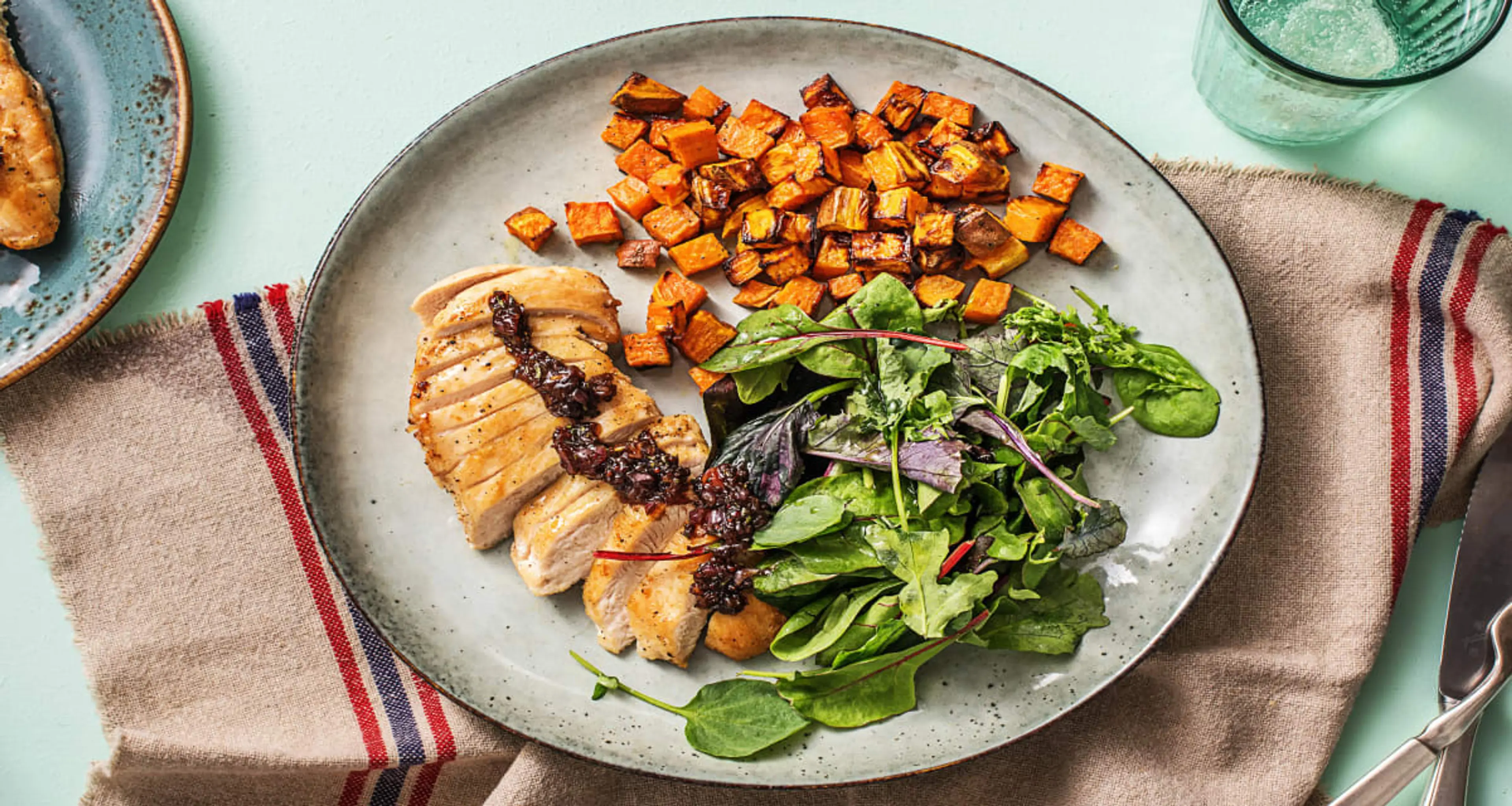 Balsamic Fig Chicken with Sweet Potatoes and Mixed Greens