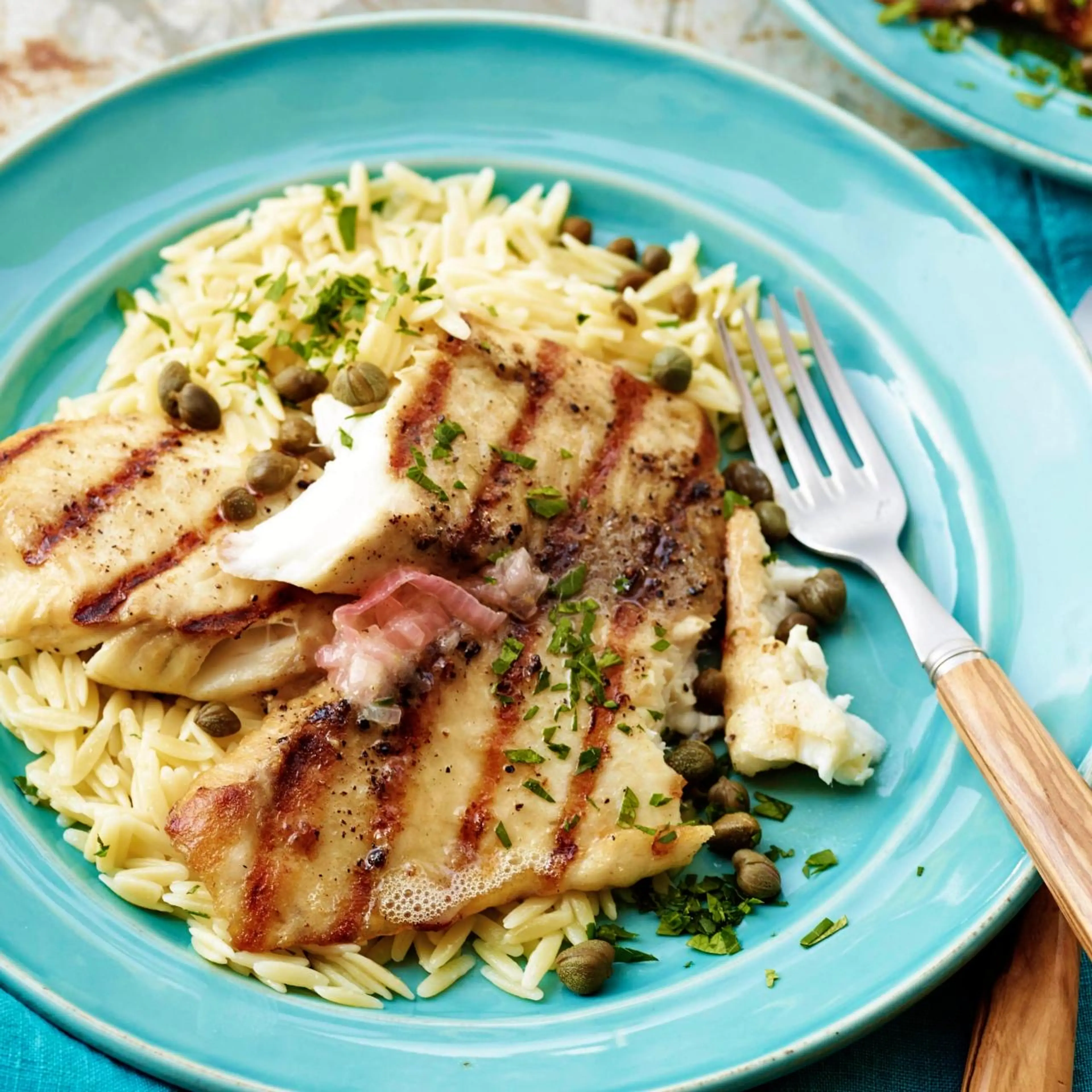Grilled Tilapia with Lemon Butter, Capers and Orzo