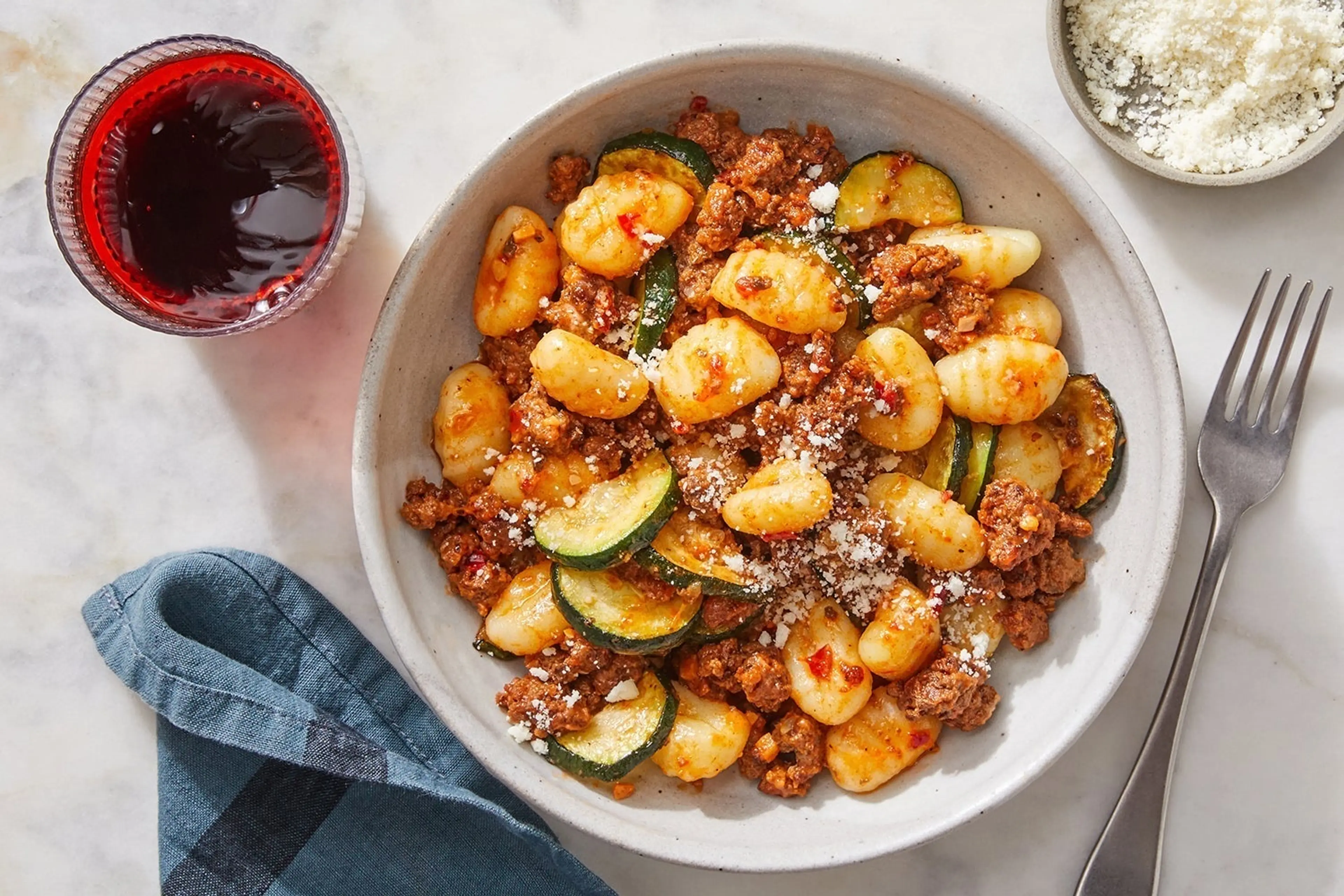 Calabrian Beef & Gnocchi with Zucchini & Romano Cheese