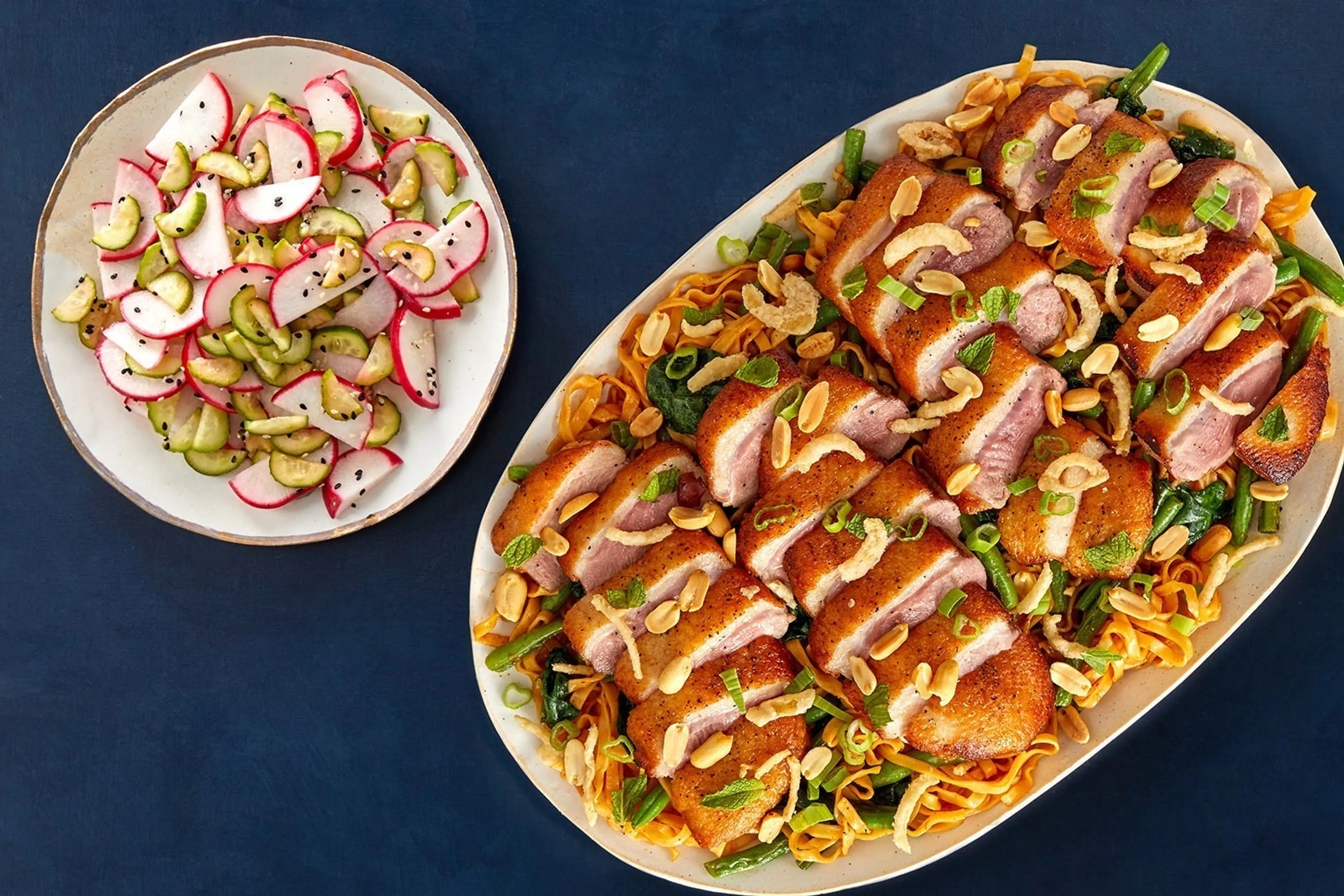 Crispy Duck Breasts & Wonton Noodles with Green Beans & Curr