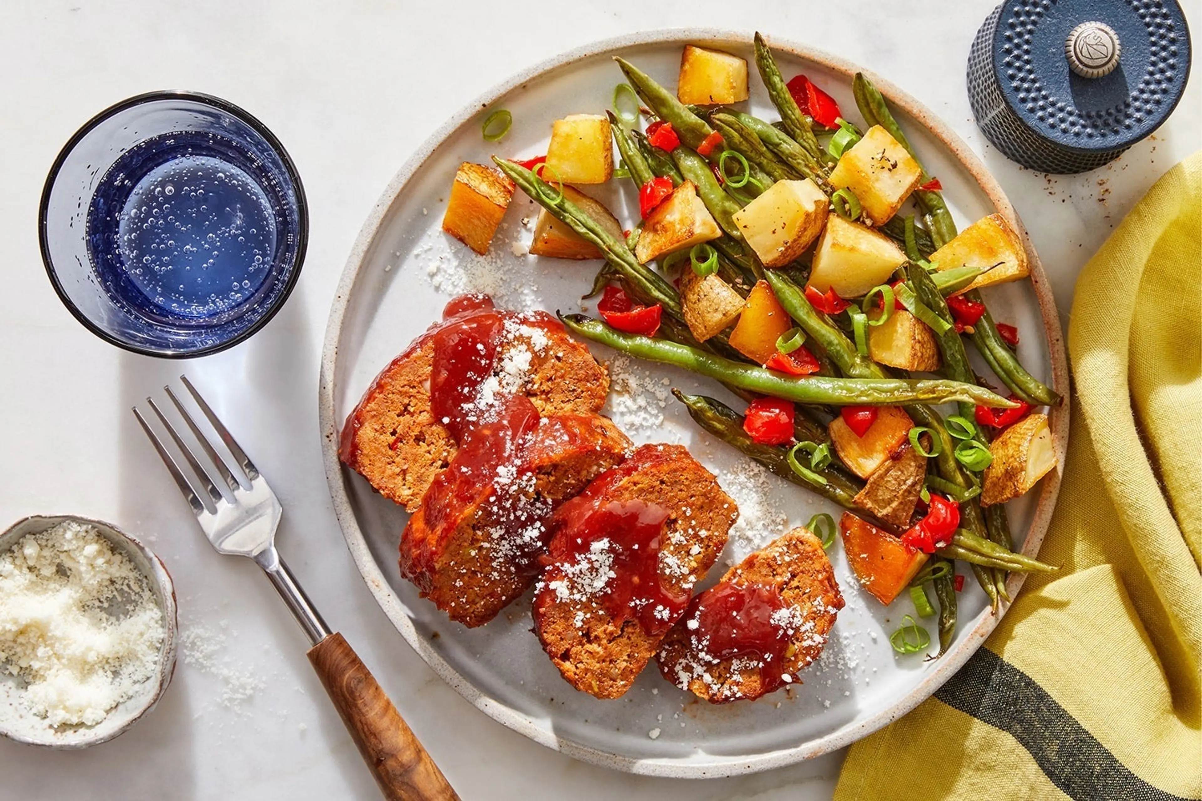 Sheet Pan Chorizo Meatloaf with Roasted Potatoes & Green Bea