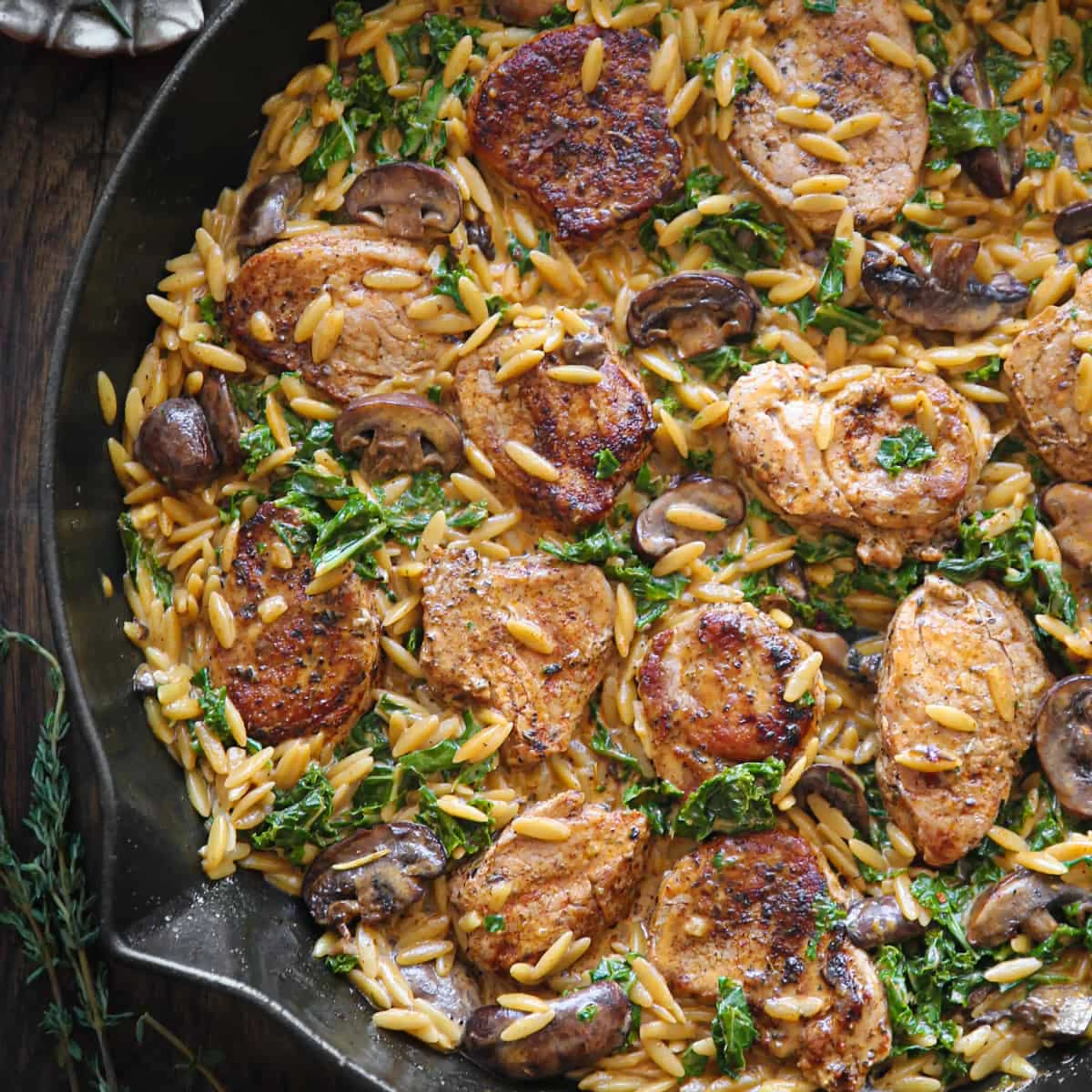 Creamy Pork Tenderloin Medallions with Orzo, Spinach, and Mu