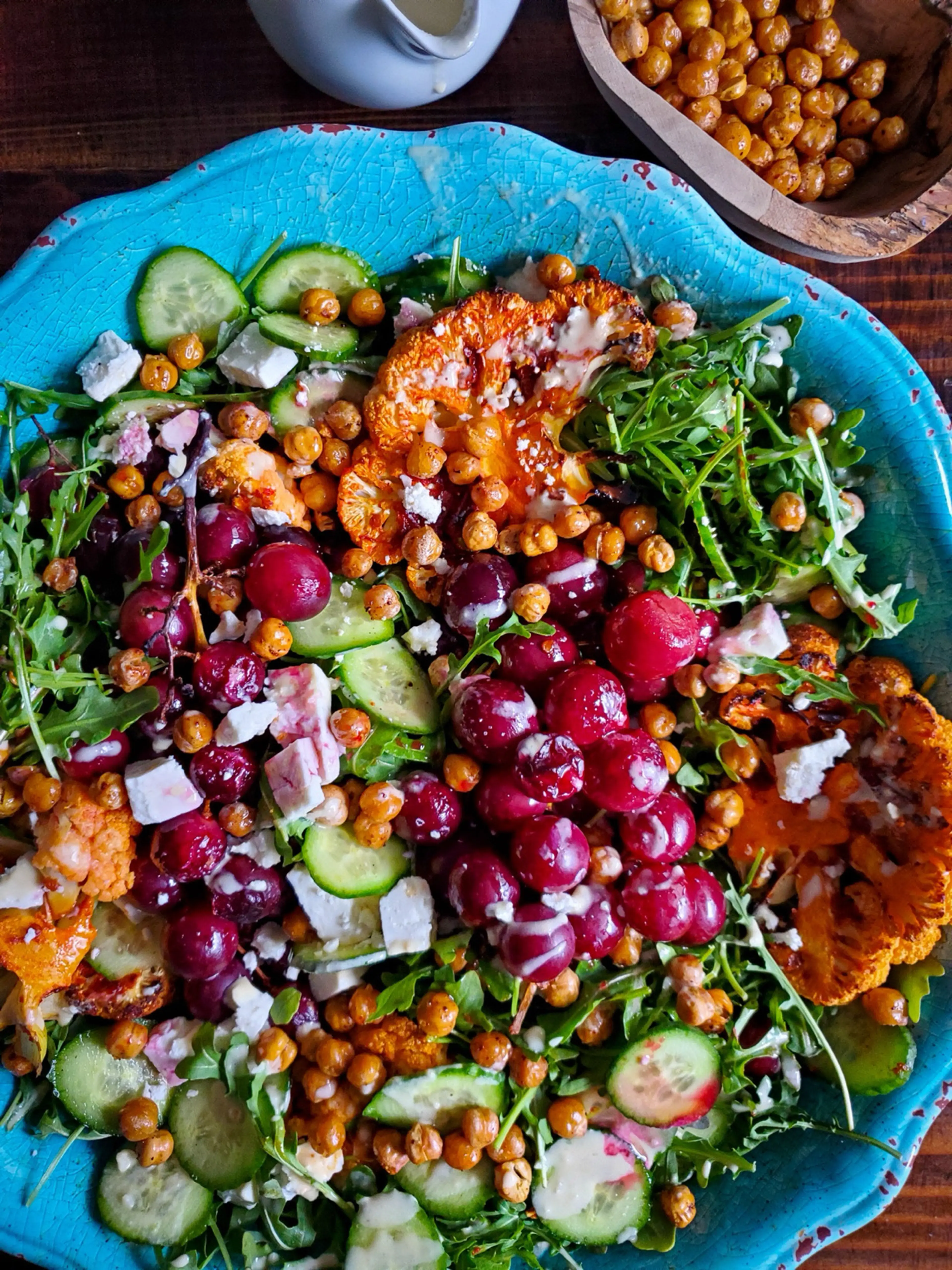 Middle Eastern Salad with Roasted Grapes, Harissa Cauliflowe