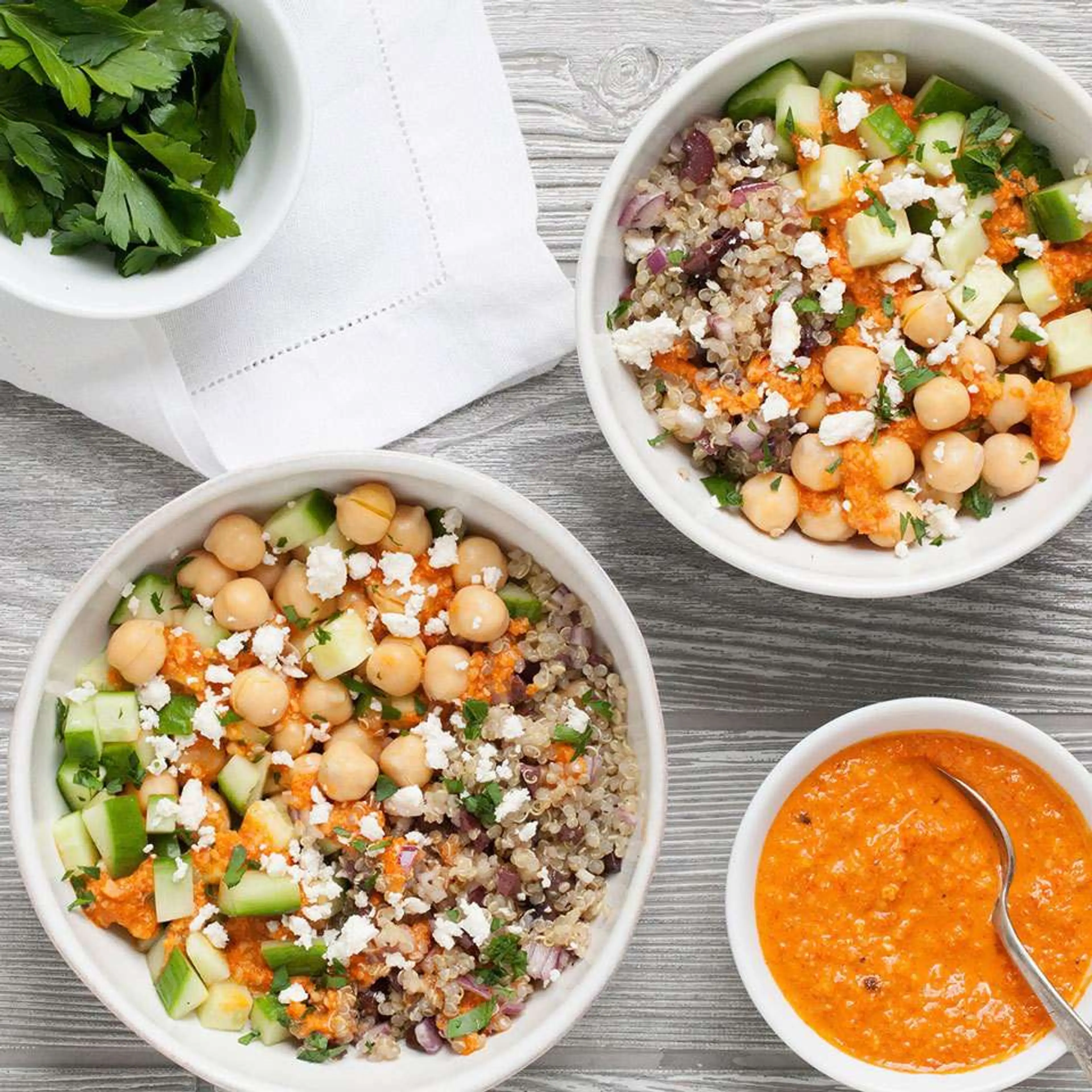 Chickpea & Quinoa Bowl with Roasted Red Pepper Sauce