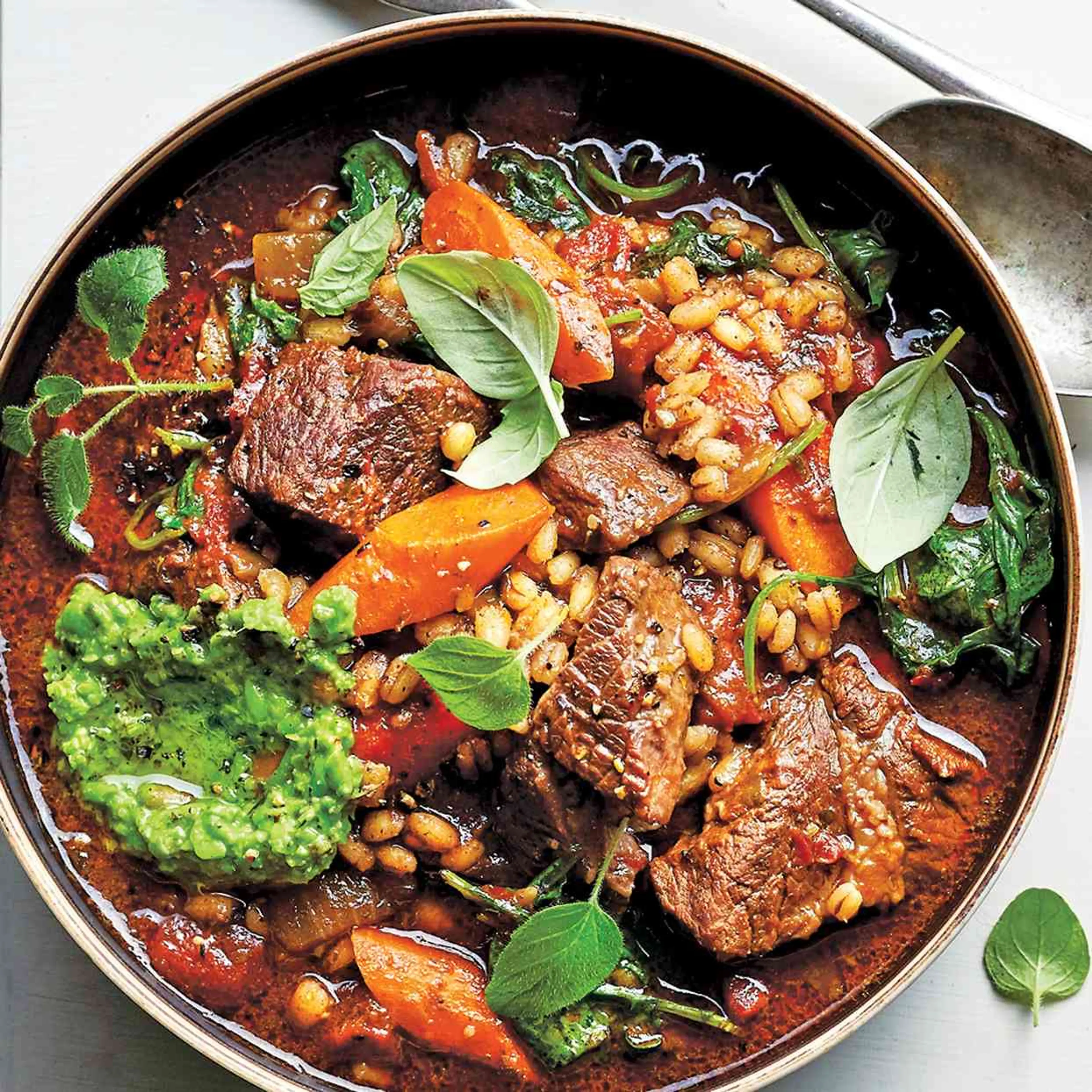 Slow-Cooker Beef-Barley Soup with Red Wine & Pesto
