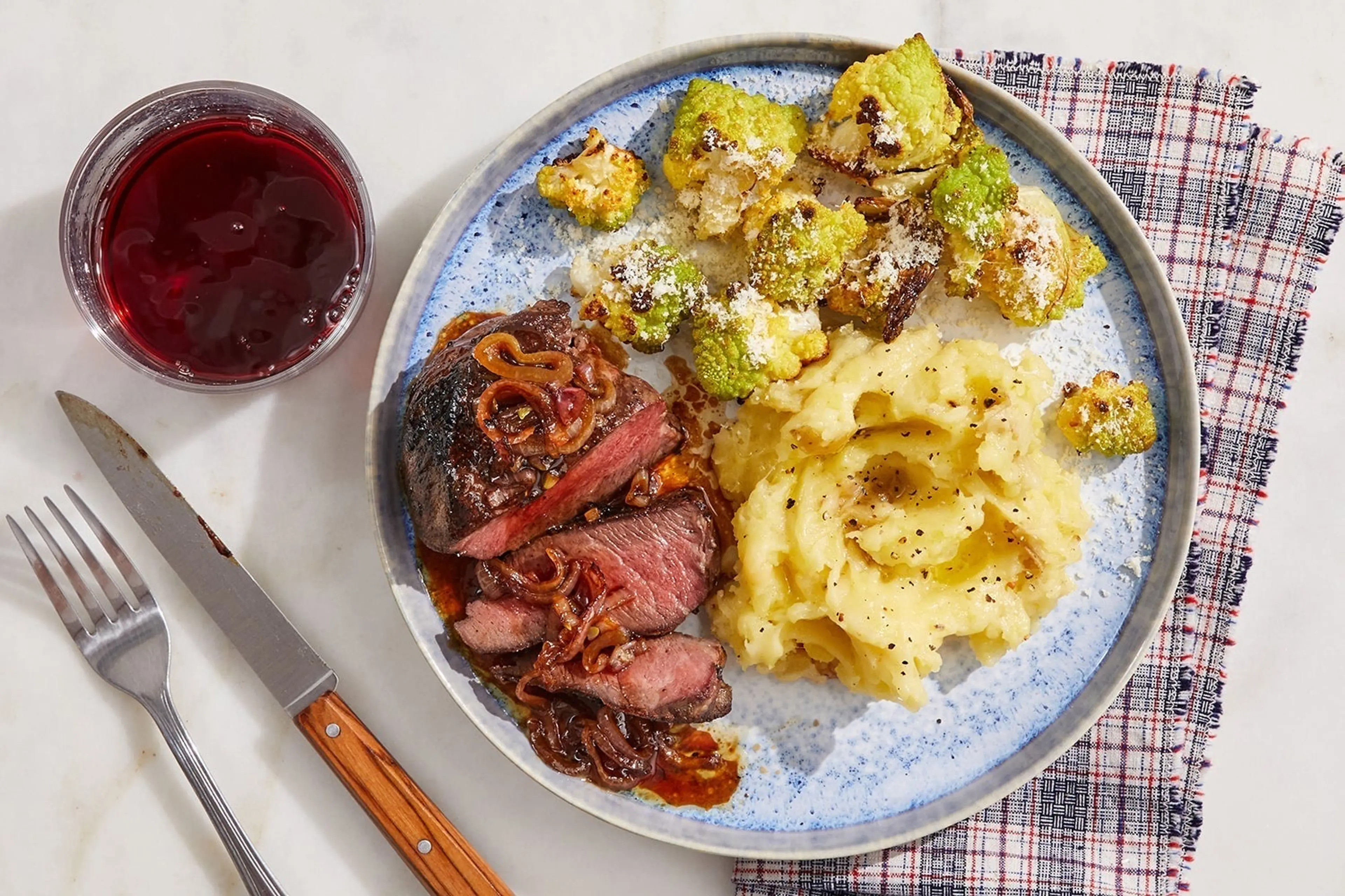 Seared Steaks & Cheesy Mashed Potatoes with Roasted Cauliflo