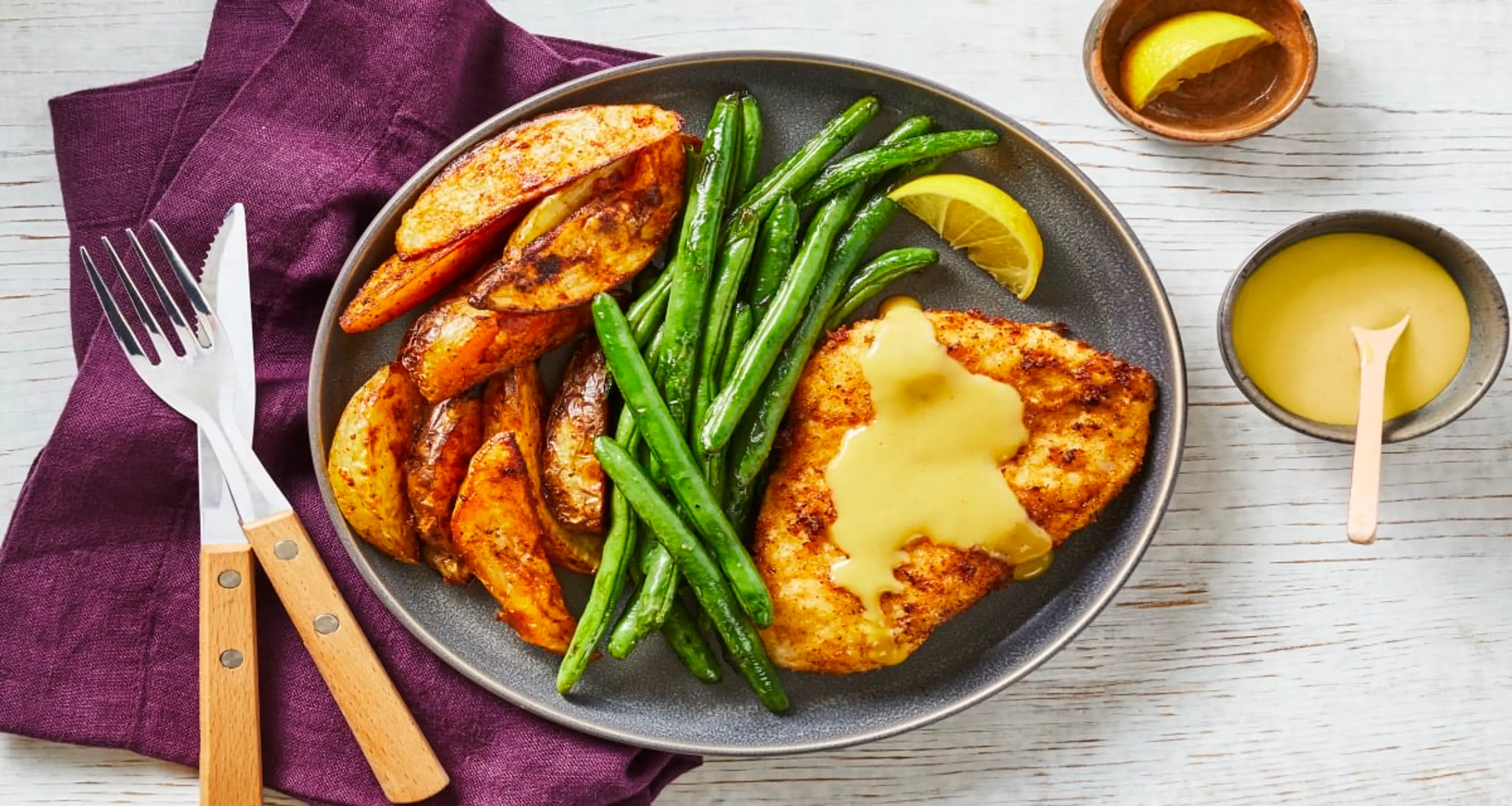 Golden Chicken Schnitzel with Roasted Potatoes, Green Beans