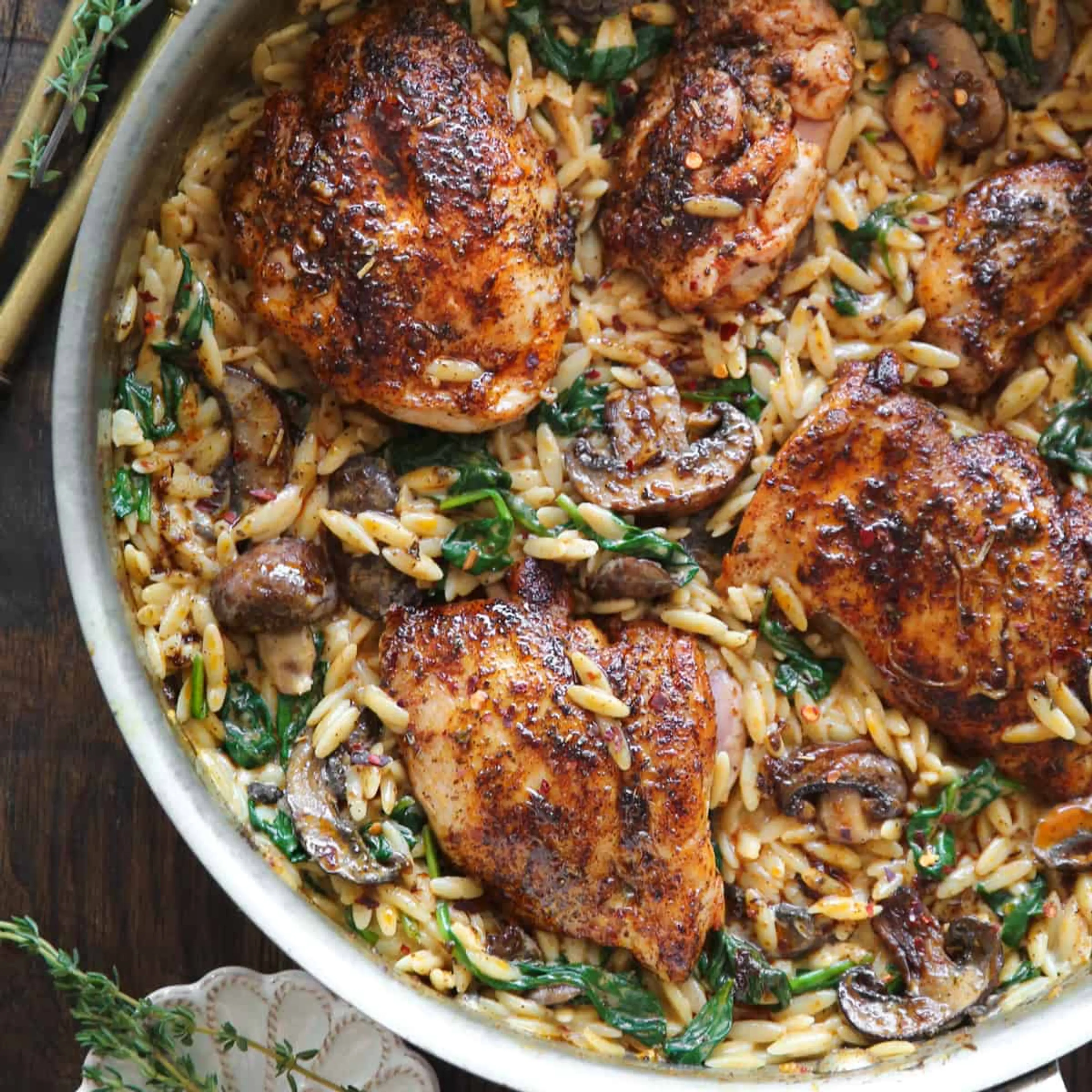 Creamy Chicken Orzo with Mushrooms and Spinach (30-Minutes,