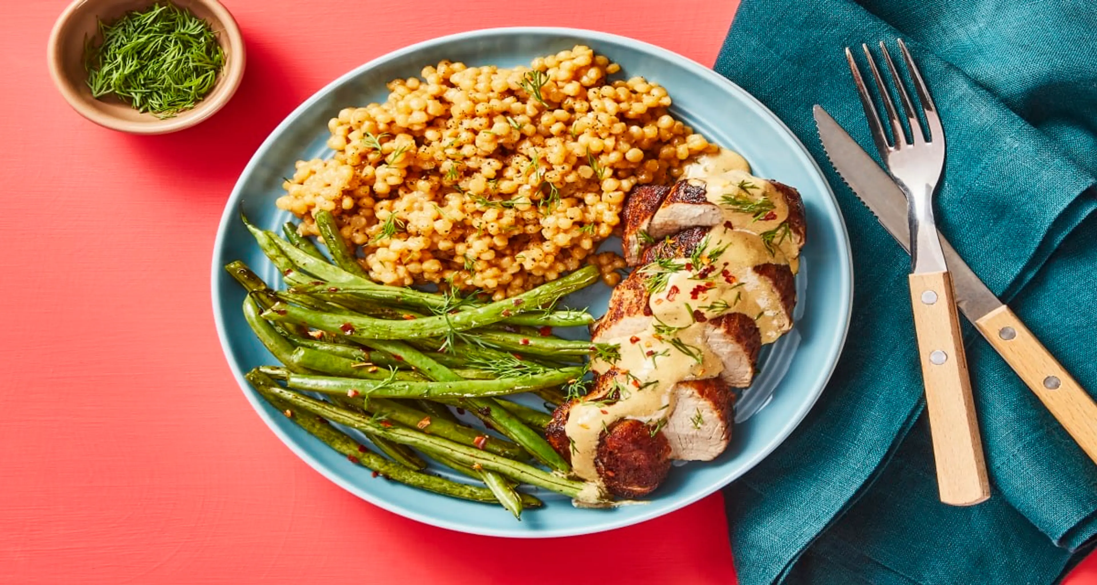 Creamy Dill Pork Tenderloin with Couscous & Green Beans