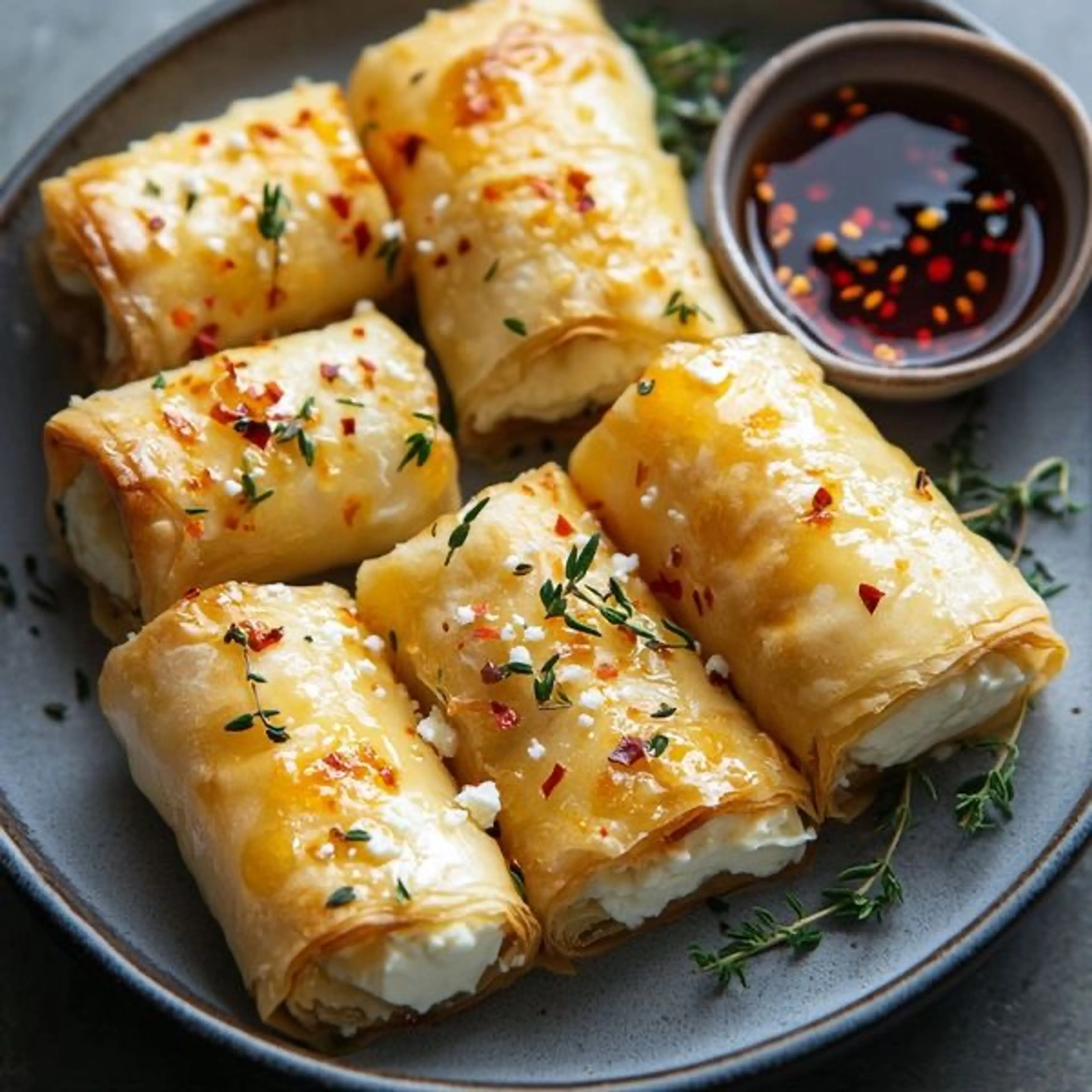 Oven Fried Feta Rolls with Chili Honey