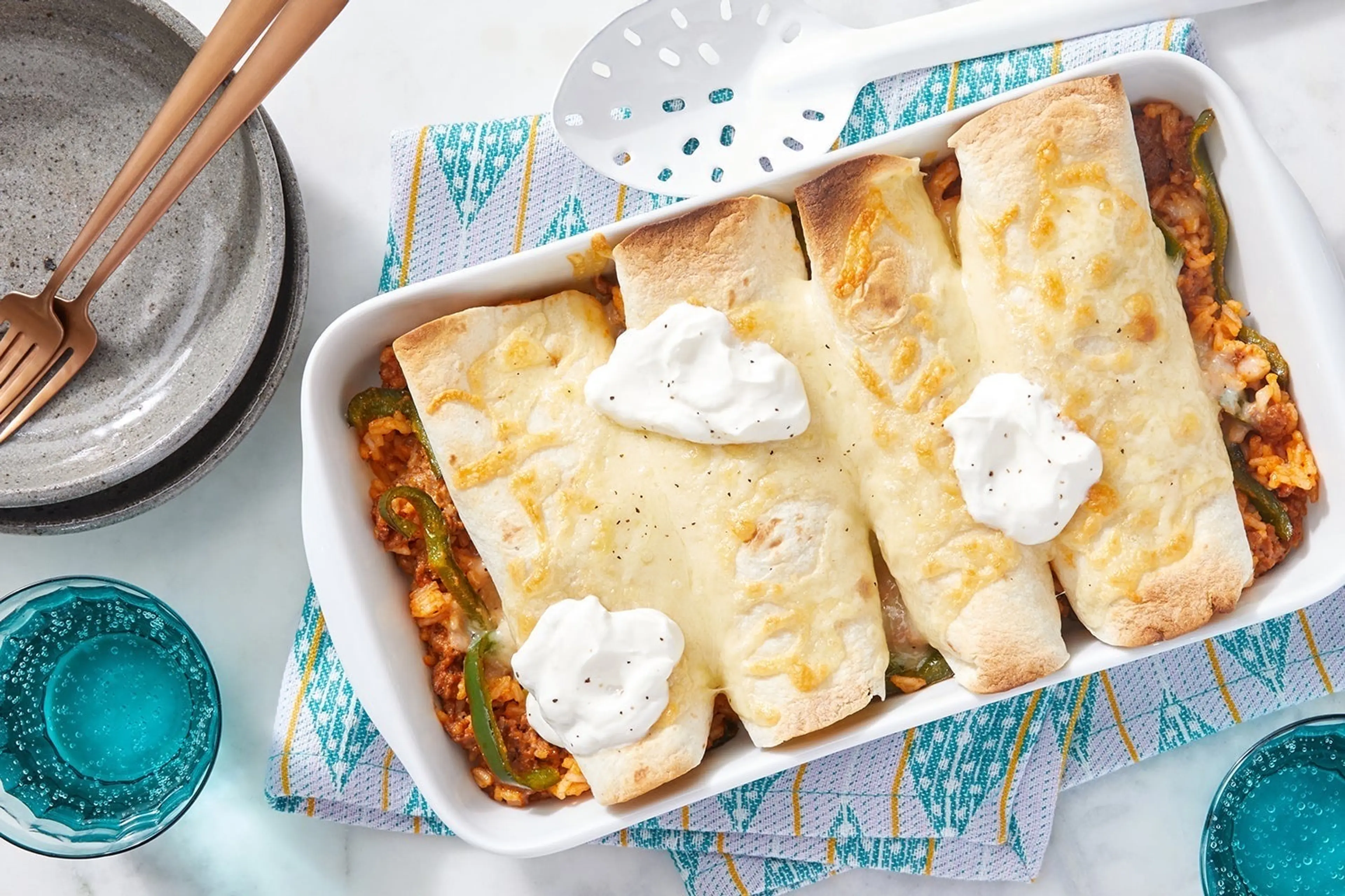 Cheesy Pork Chorizo Enchiladas with Poblano Pepper & Rice