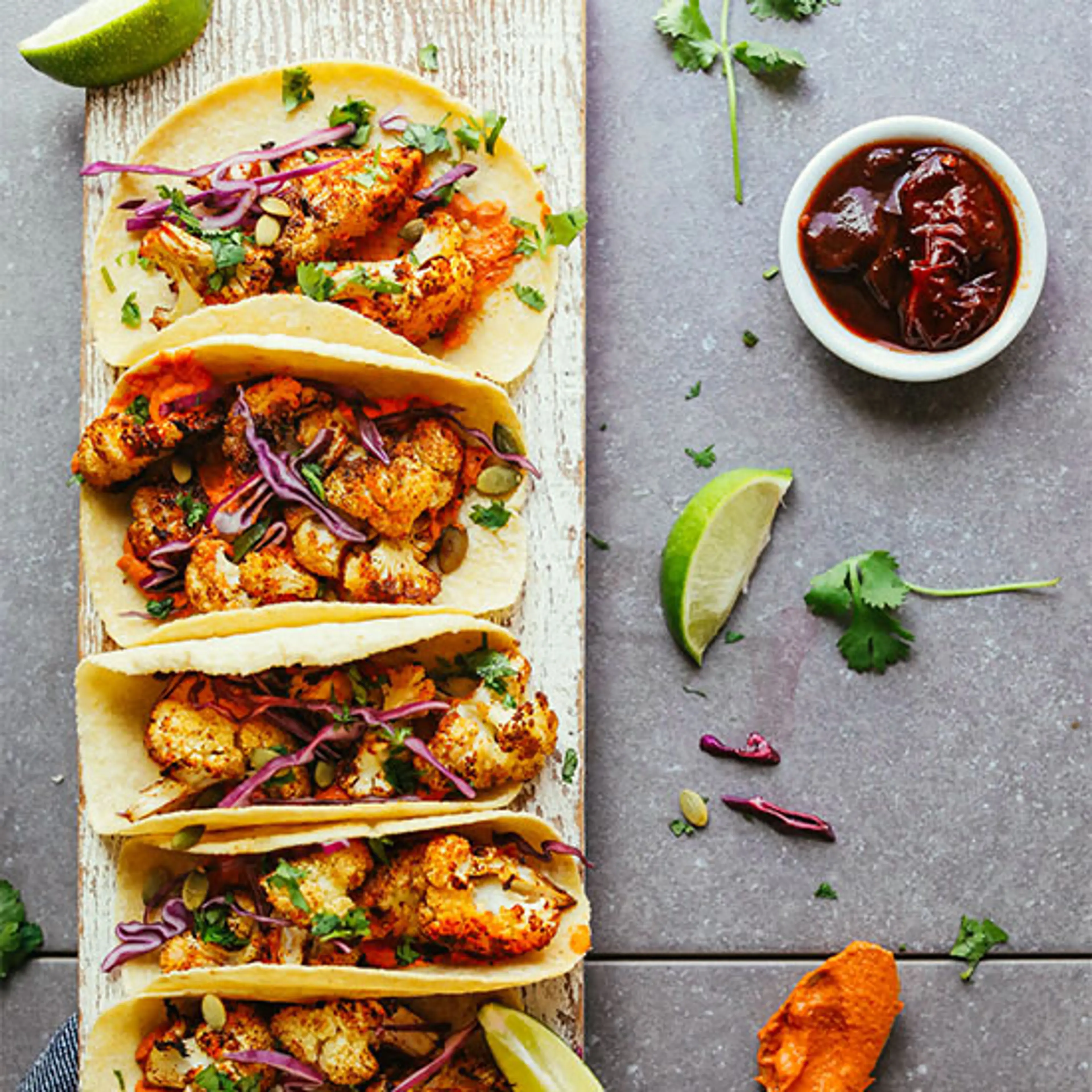 Roasted Cauliflower Tacos with Chipotle Romesco