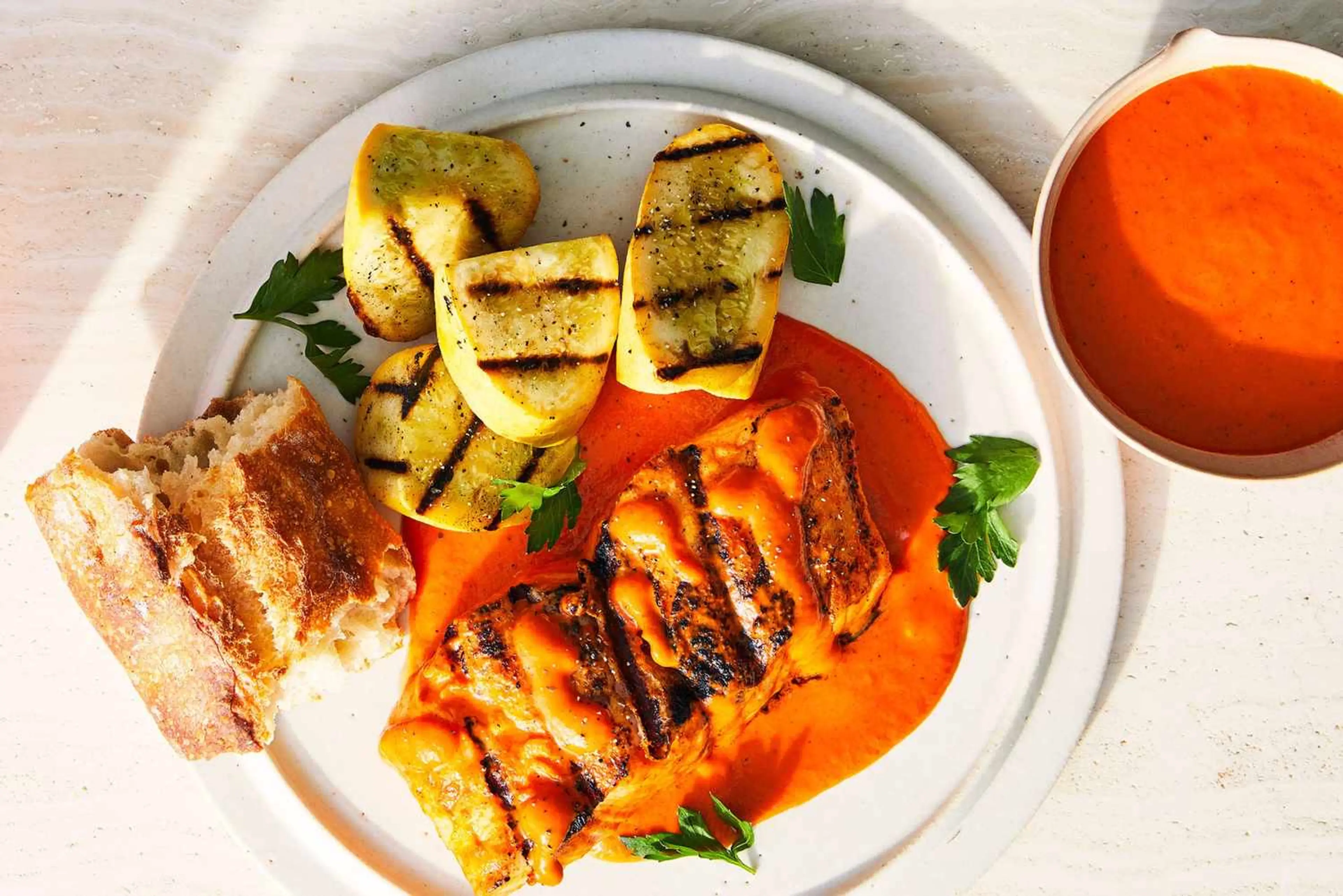 Grilled Halibut with Roasted Red Pepper Sauce