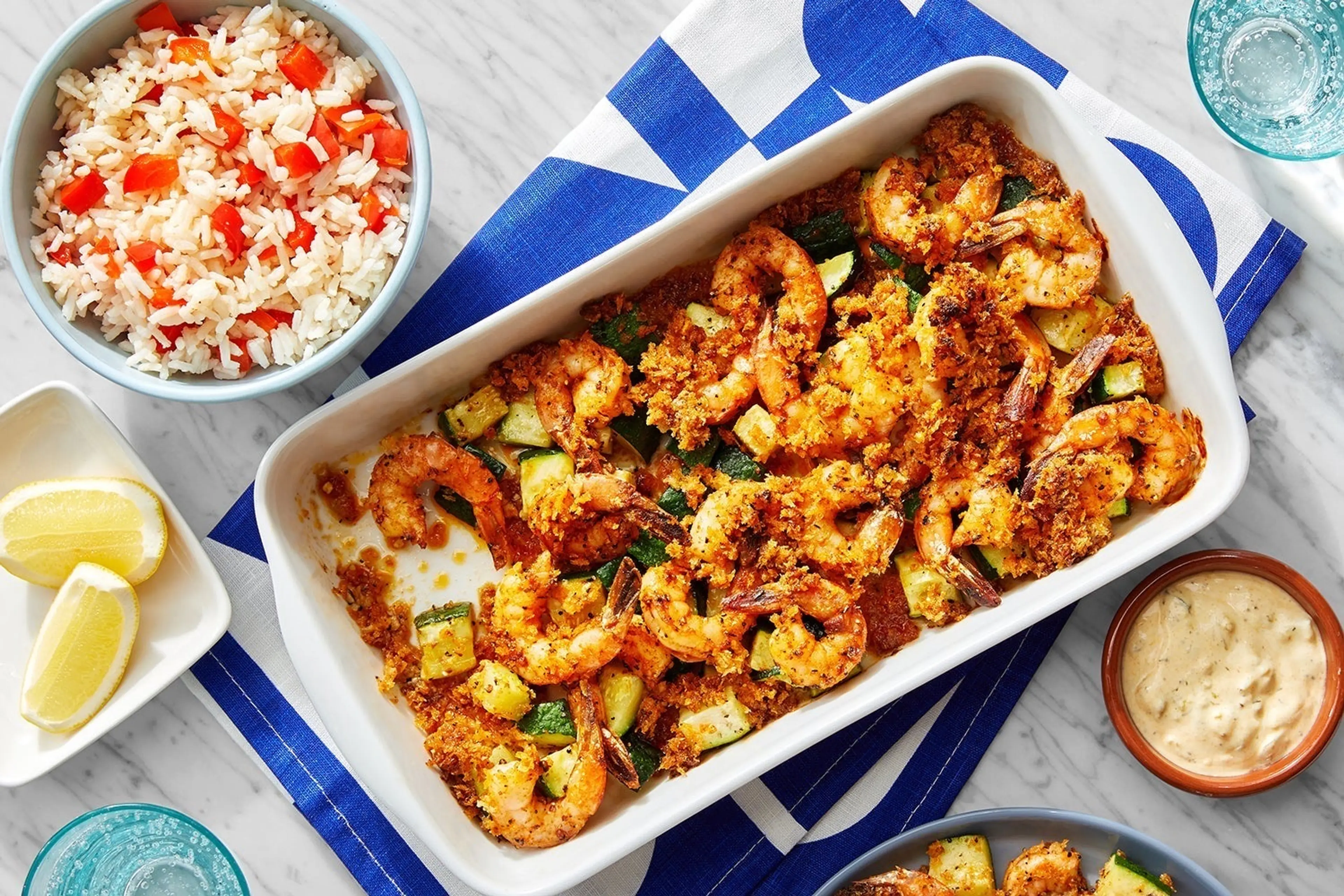 Cajun Shrimp & Zucchini Bake with Remoulade & Pepper Rice