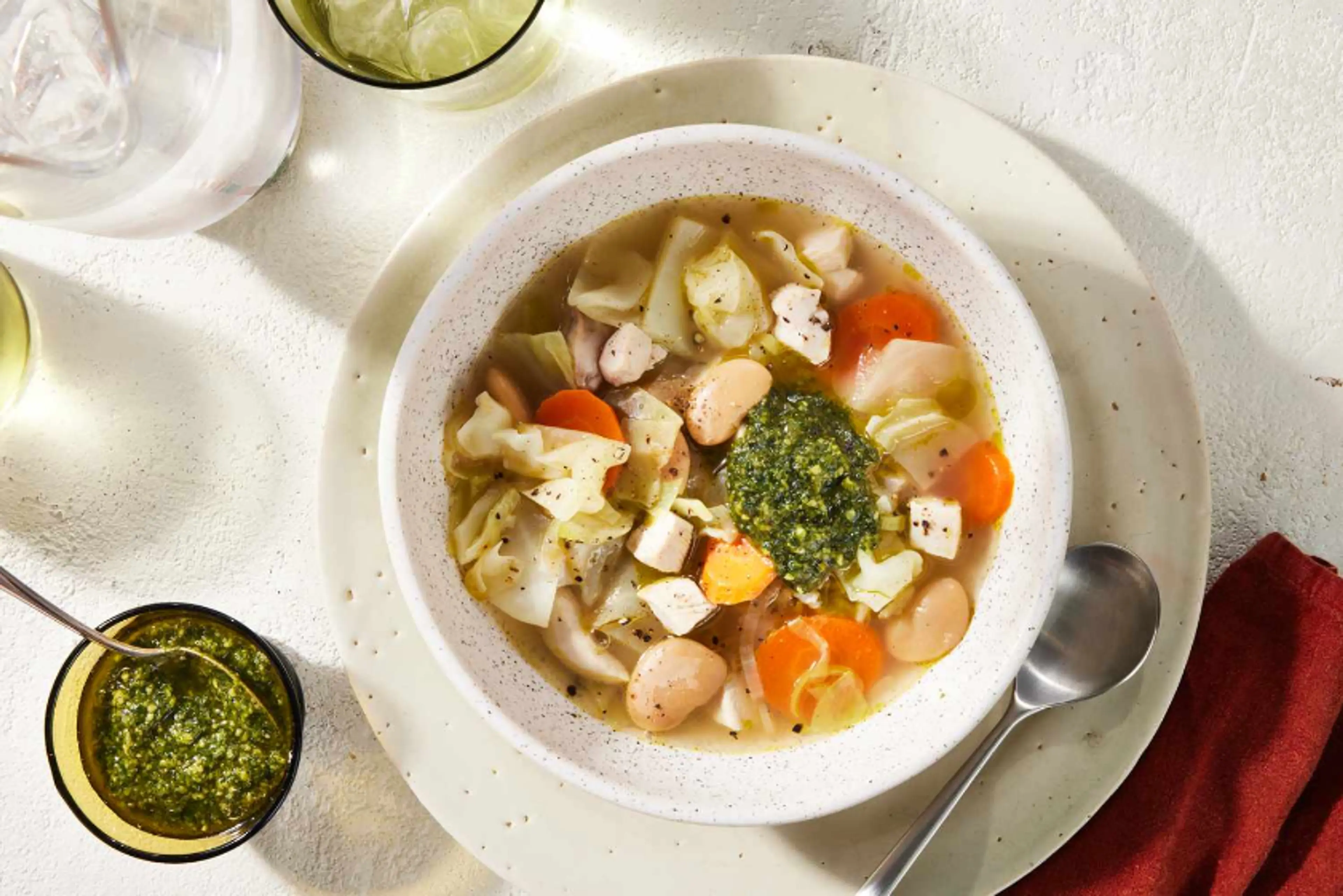 Chicken & Cabbage Soup with Pesto