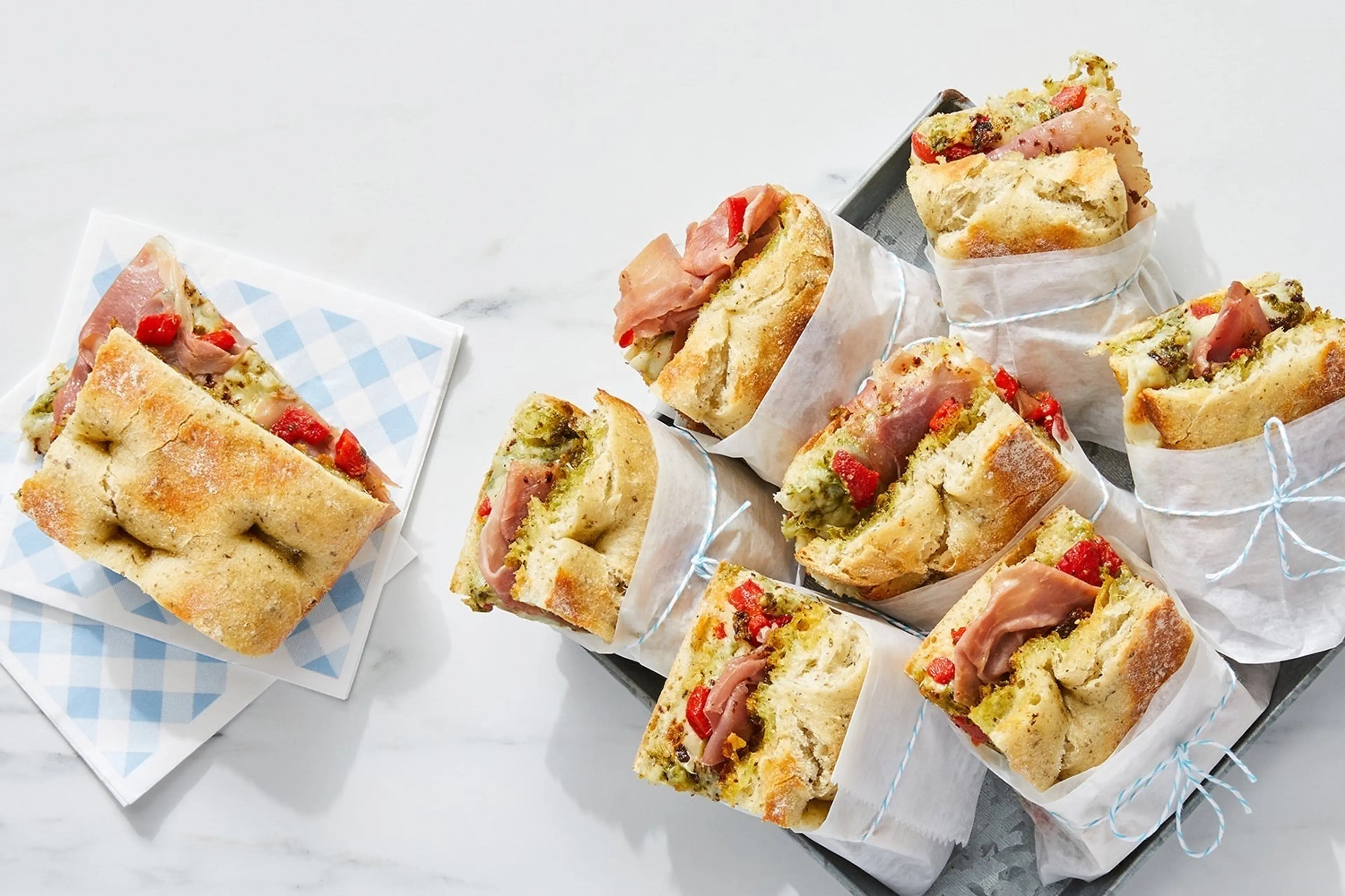 Prosciutto Focaccia Sandwiches with Mozzarella & Pesto Mayo