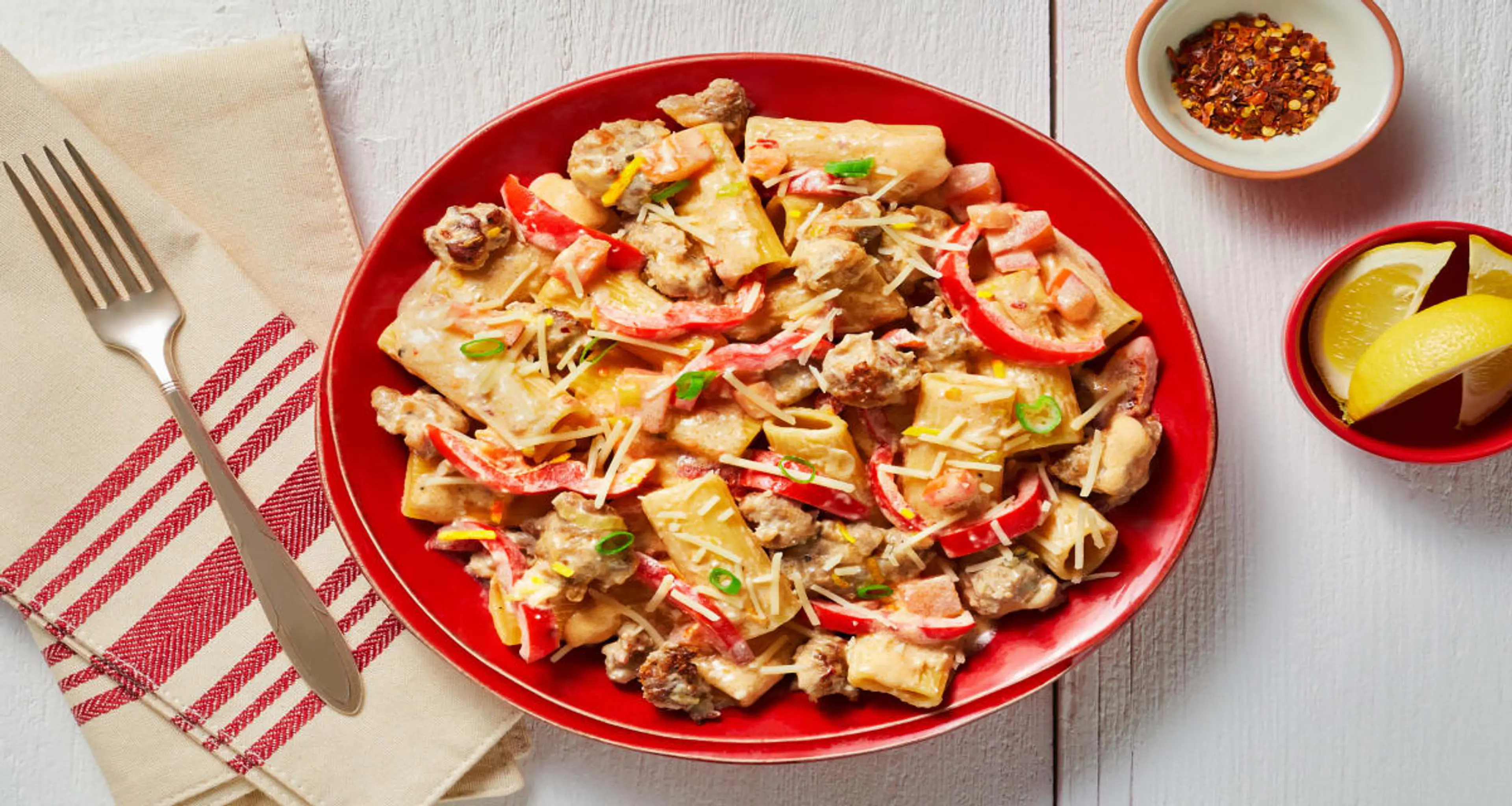 Pork Sausage Rigatoni in a Creamy Sauce with Bell Pepper & L