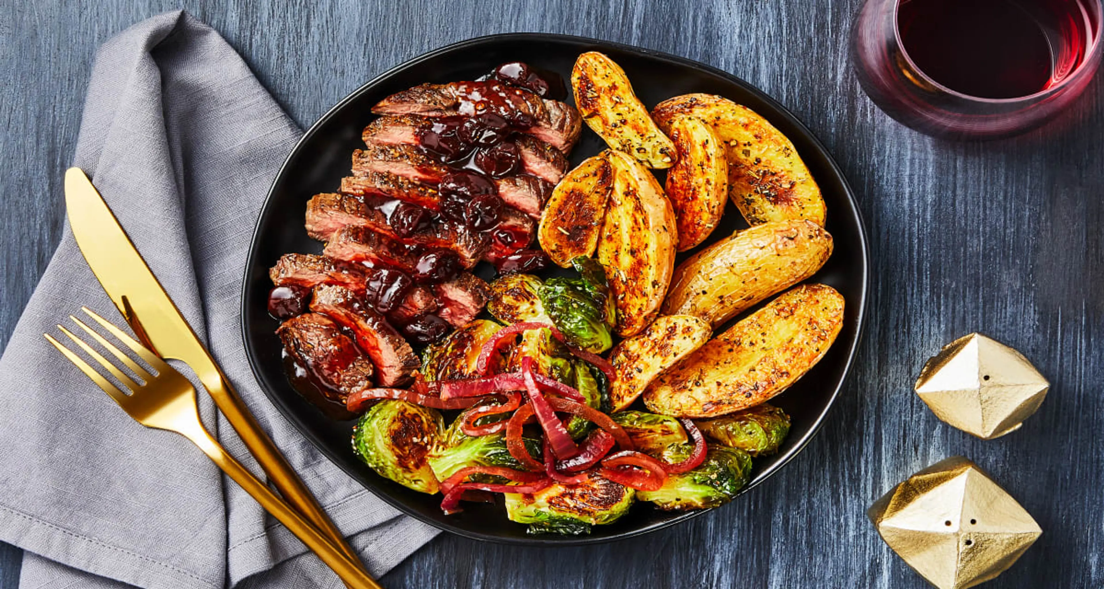 Cherry Balsamic Bavette Steak with Herby Fingerling Potatoes