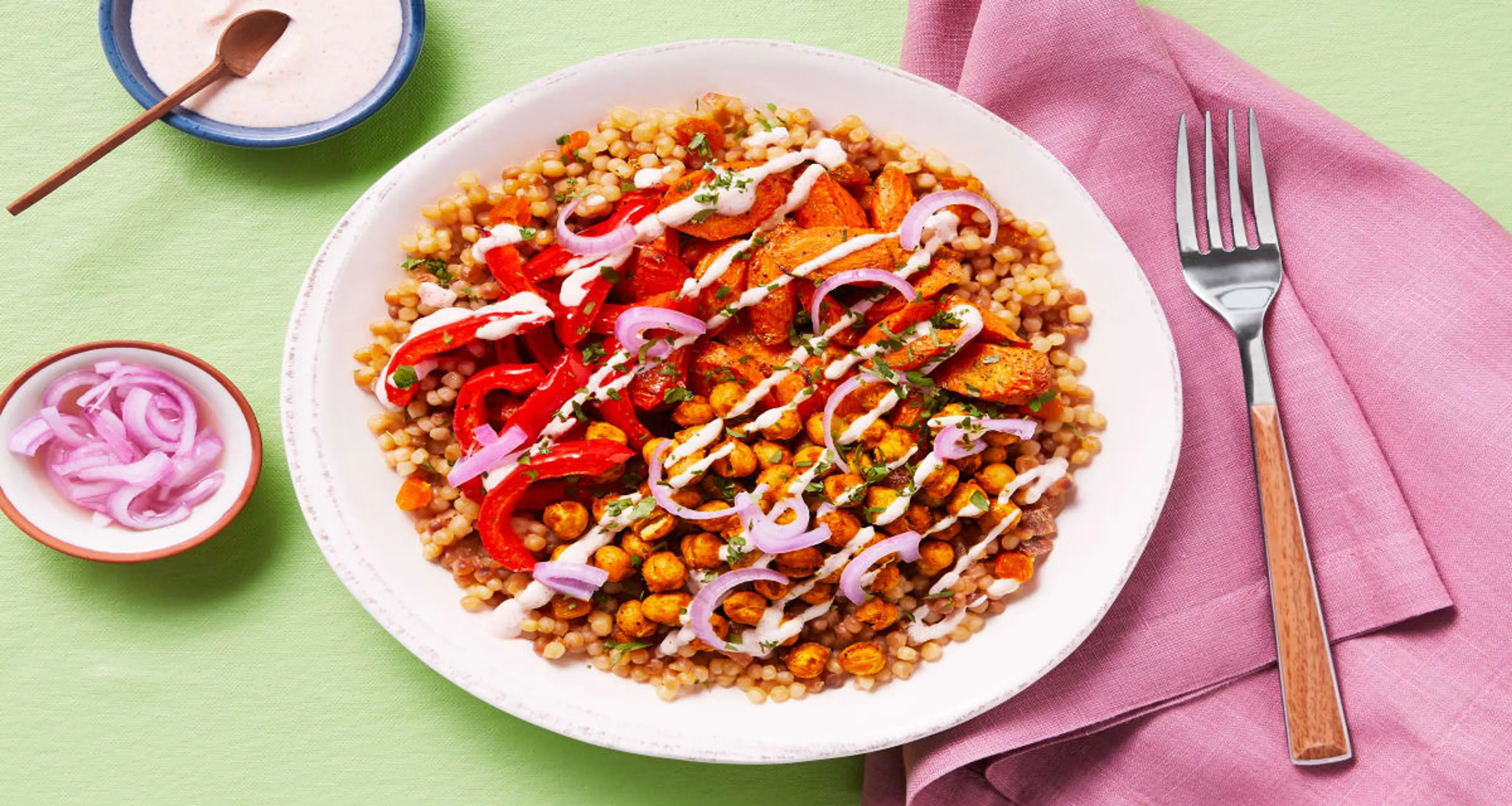 Shawarma Chickpea Couscous Bowls with Roasted Veggies, Pickl